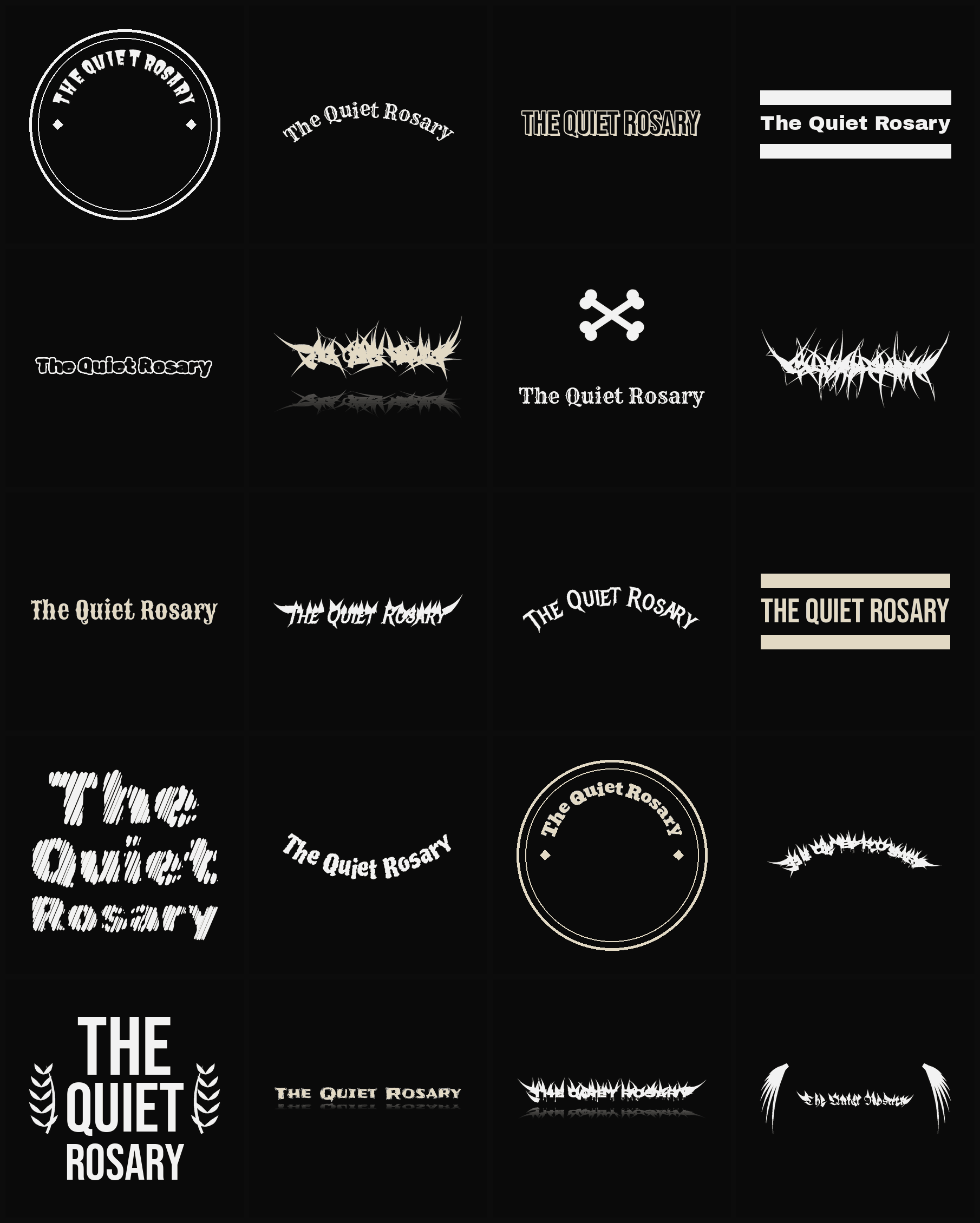 Twenty The Quiet Rosary band logo ideas — different faces, treatments and spike settings