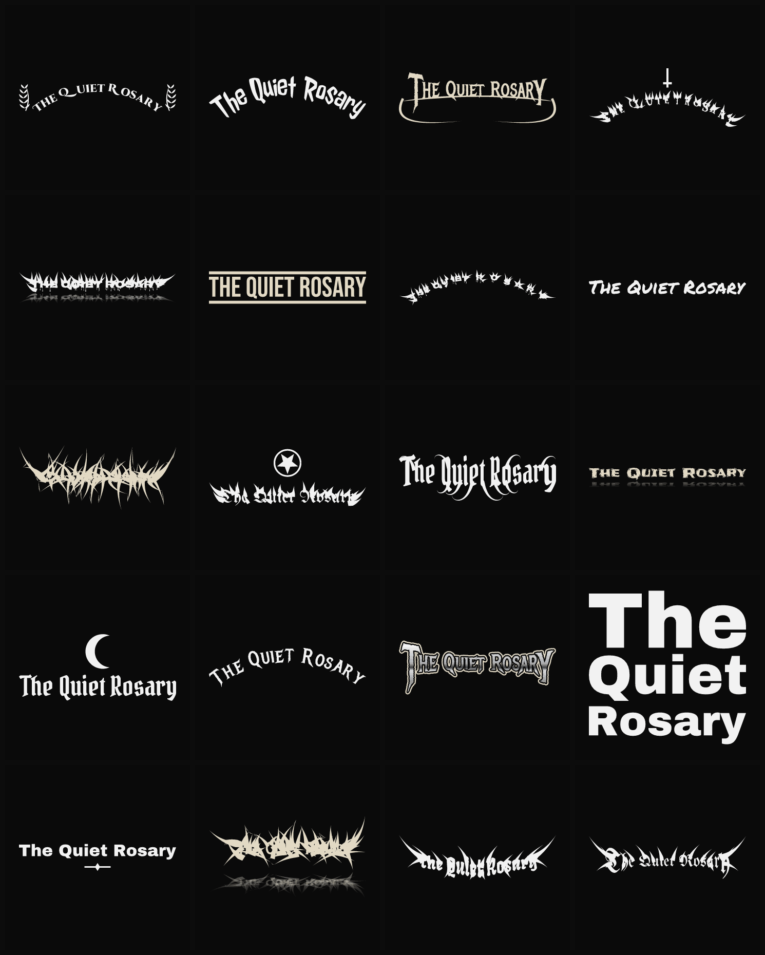 Twenty The Quiet Rosary band logo ideas — different faces, treatments and spike settings