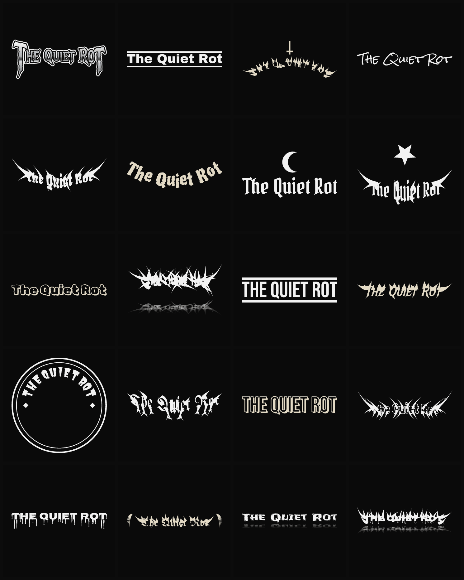 Twenty The Quiet Rot band logo ideas — different faces, treatments and spike settings