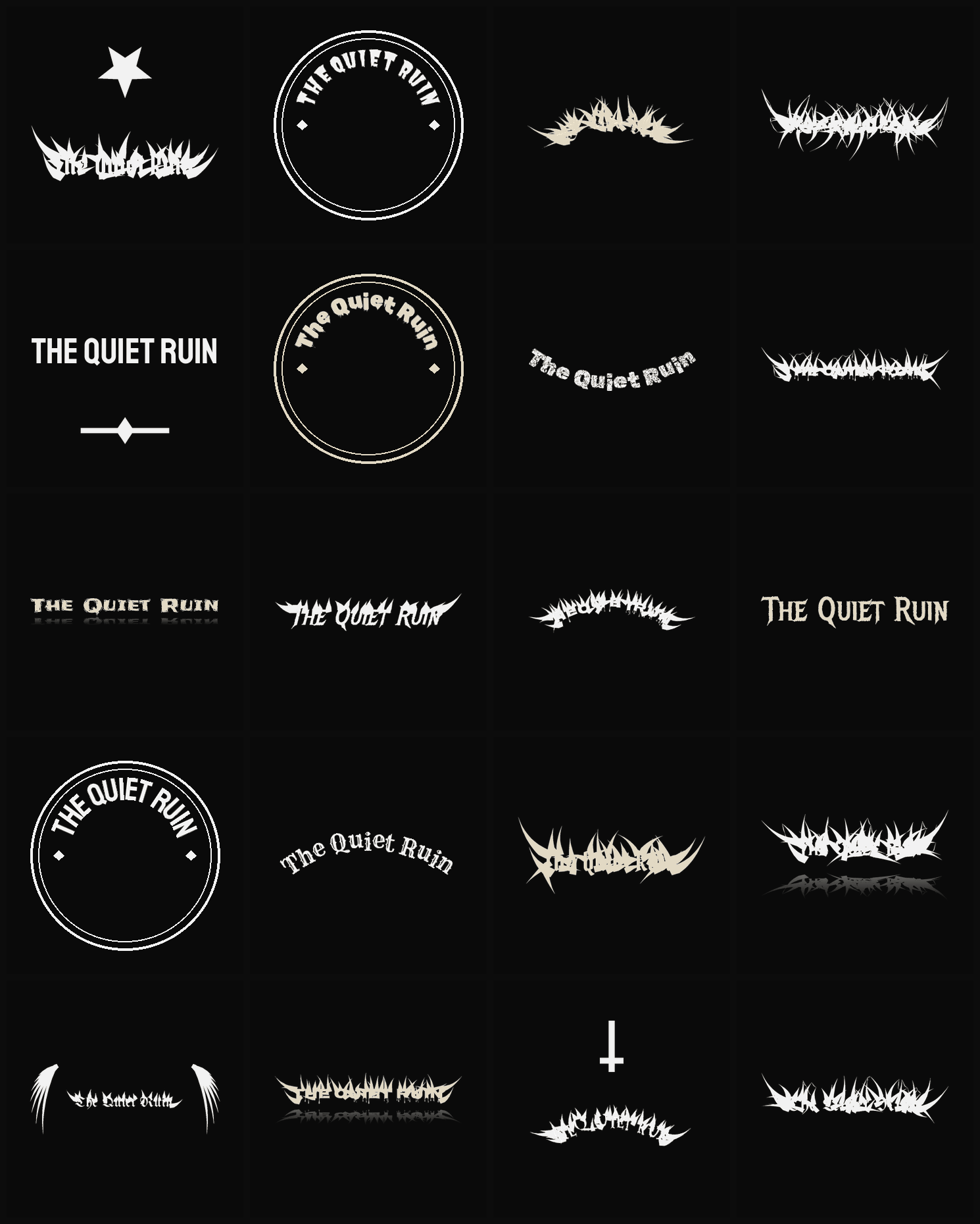 Twenty The Quiet Ruin band logo ideas — different faces, treatments and spike settings