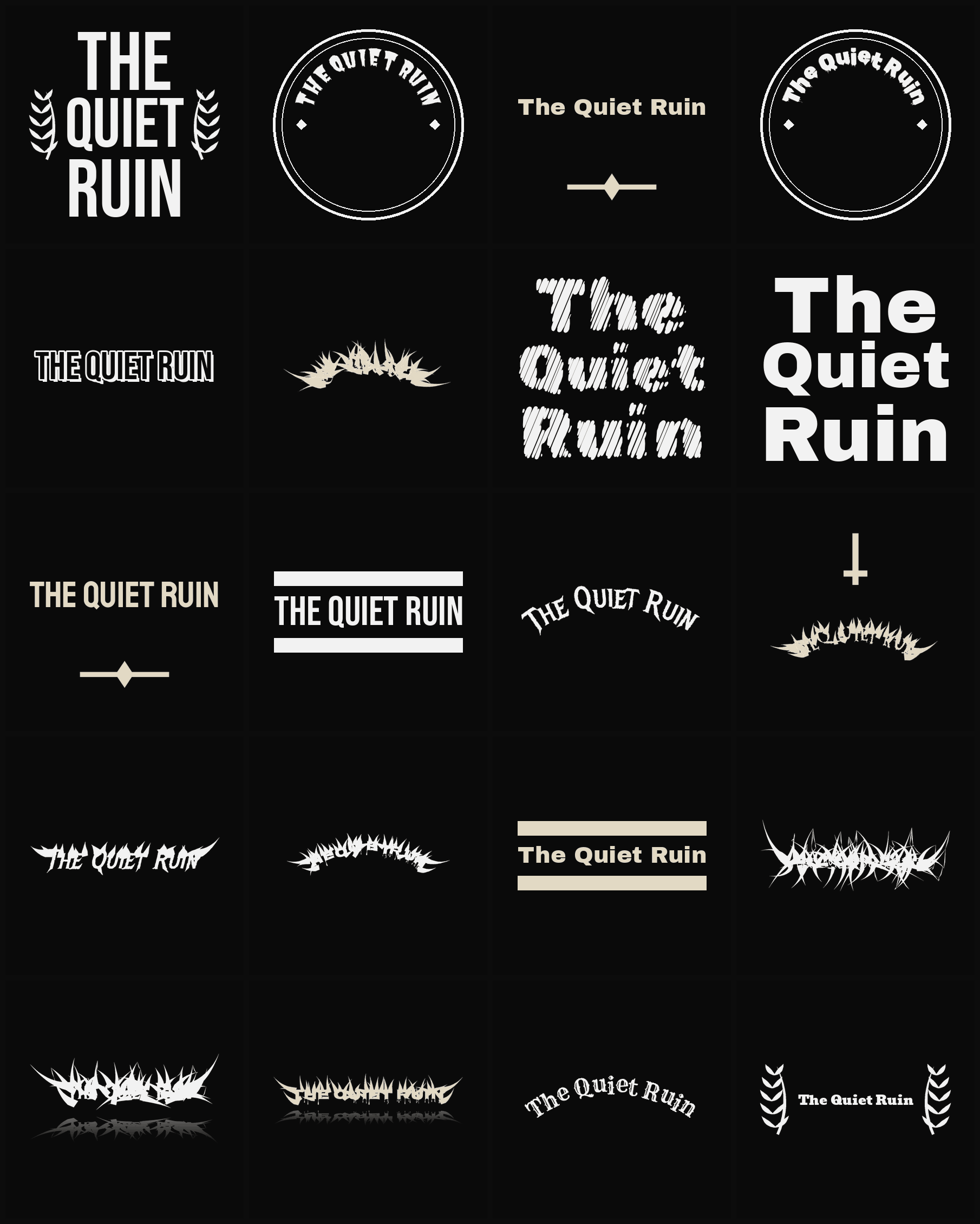 Twenty The Quiet Ruin band logo ideas — different faces, treatments and spike settings