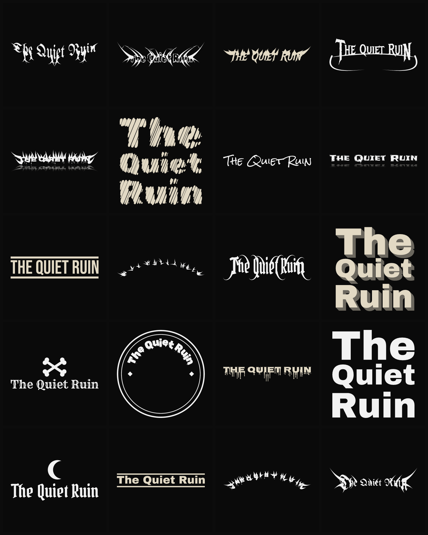 Twenty The Quiet Ruin band logo ideas — different faces, treatments and spike settings