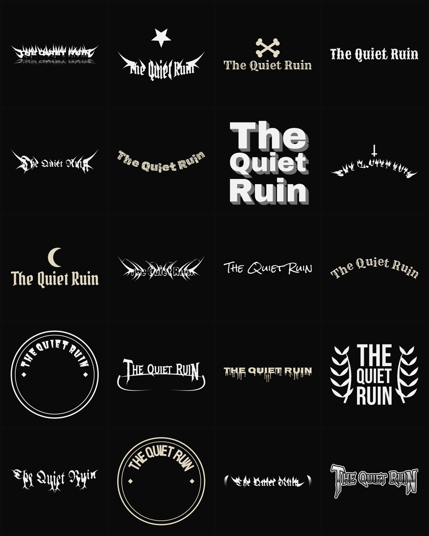 Twenty The Quiet Ruin band logo ideas — different faces, treatments and spike settings