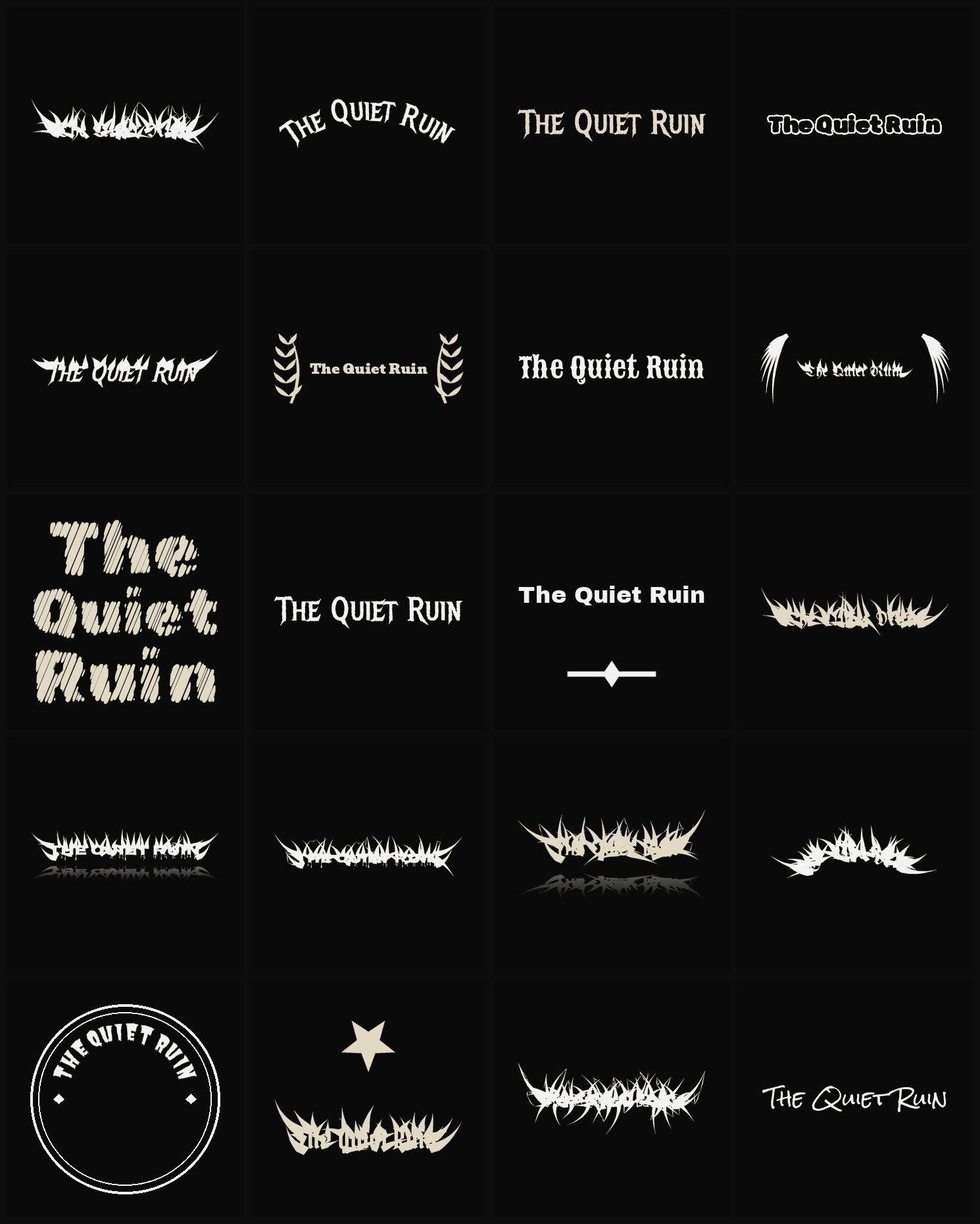 Twenty The Quiet Ruin band logo ideas — different faces, treatments and spike settings