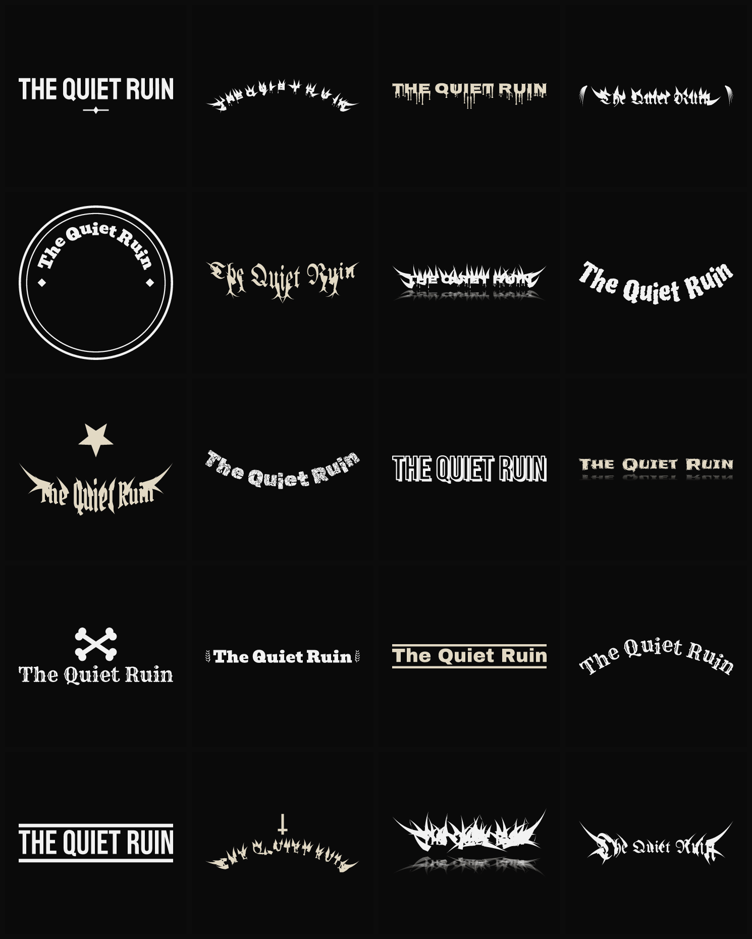 Twenty The Quiet Ruin band logo ideas — different faces, treatments and spike settings