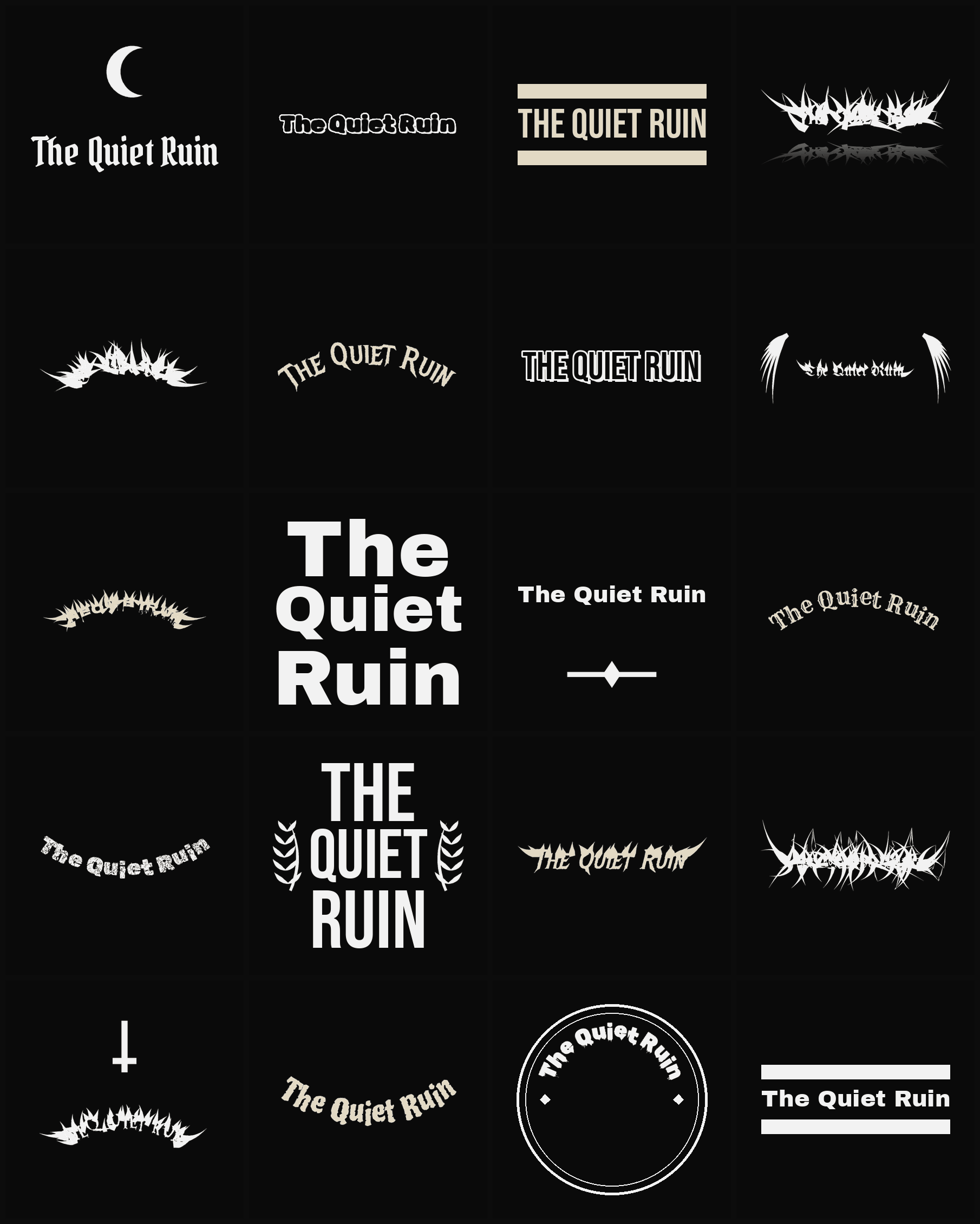 Twenty The Quiet Ruin band logo ideas — different faces, treatments and spike settings