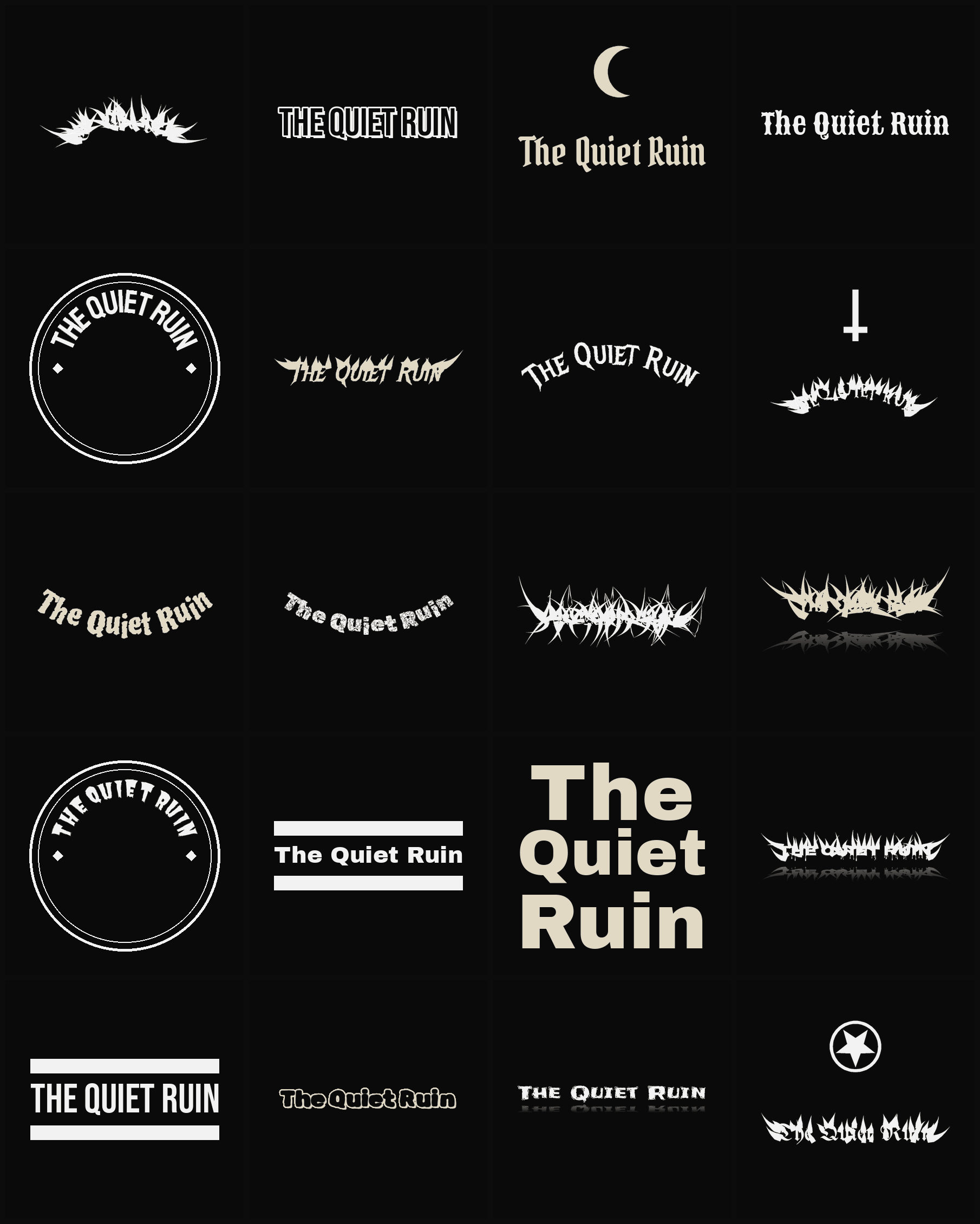 Twenty The Quiet Ruin band logo ideas — different faces, treatments and spike settings