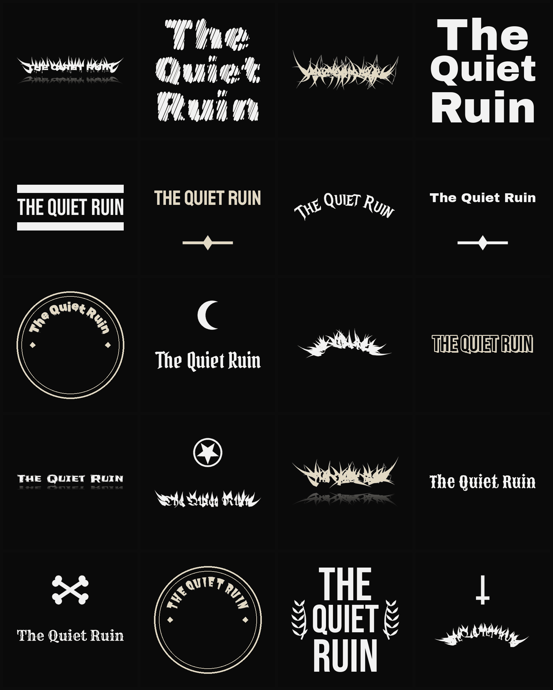 Twenty The Quiet Ruin band logo ideas — different faces, treatments and spike settings