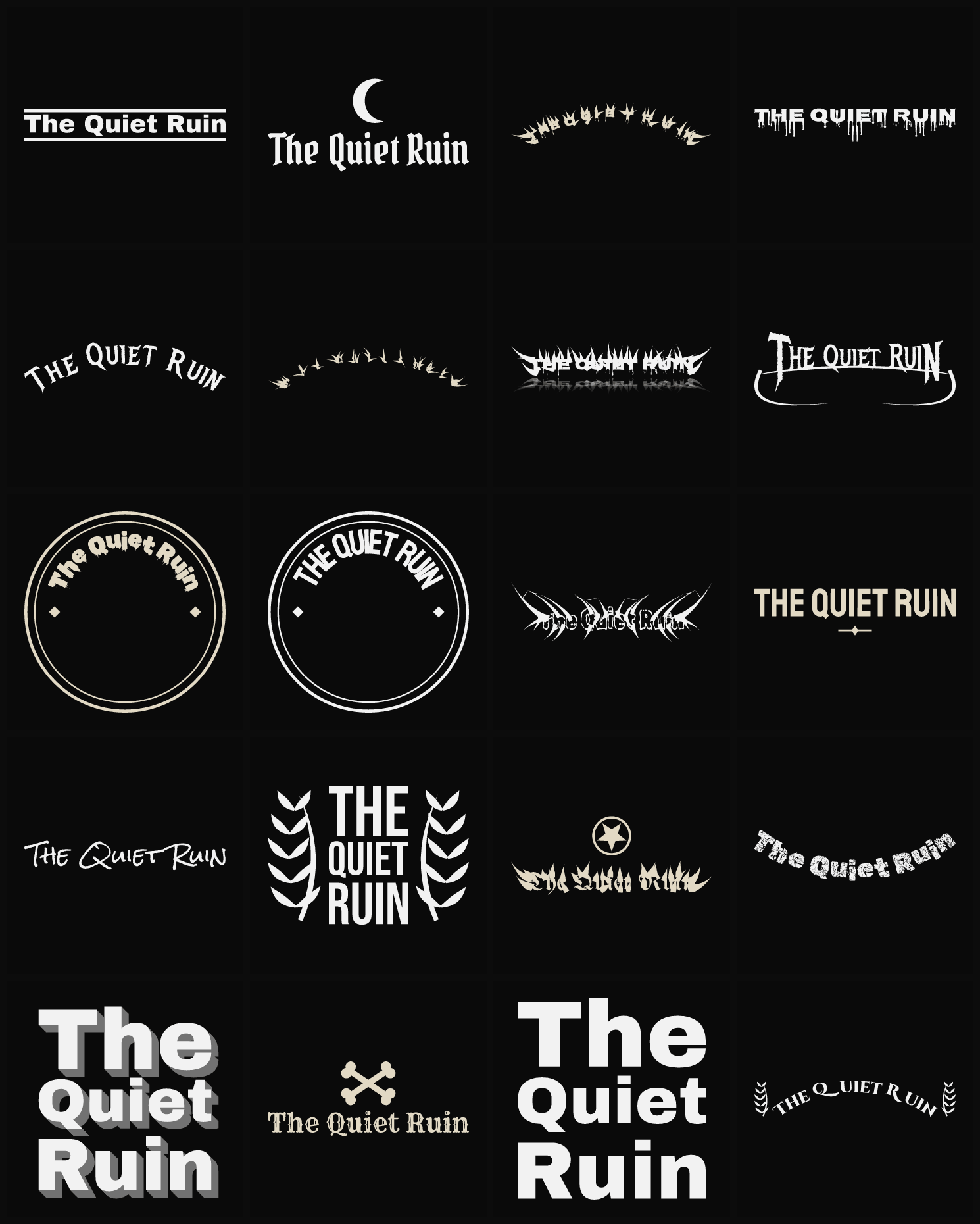Twenty The Quiet Ruin band logo ideas — different faces, treatments and spike settings