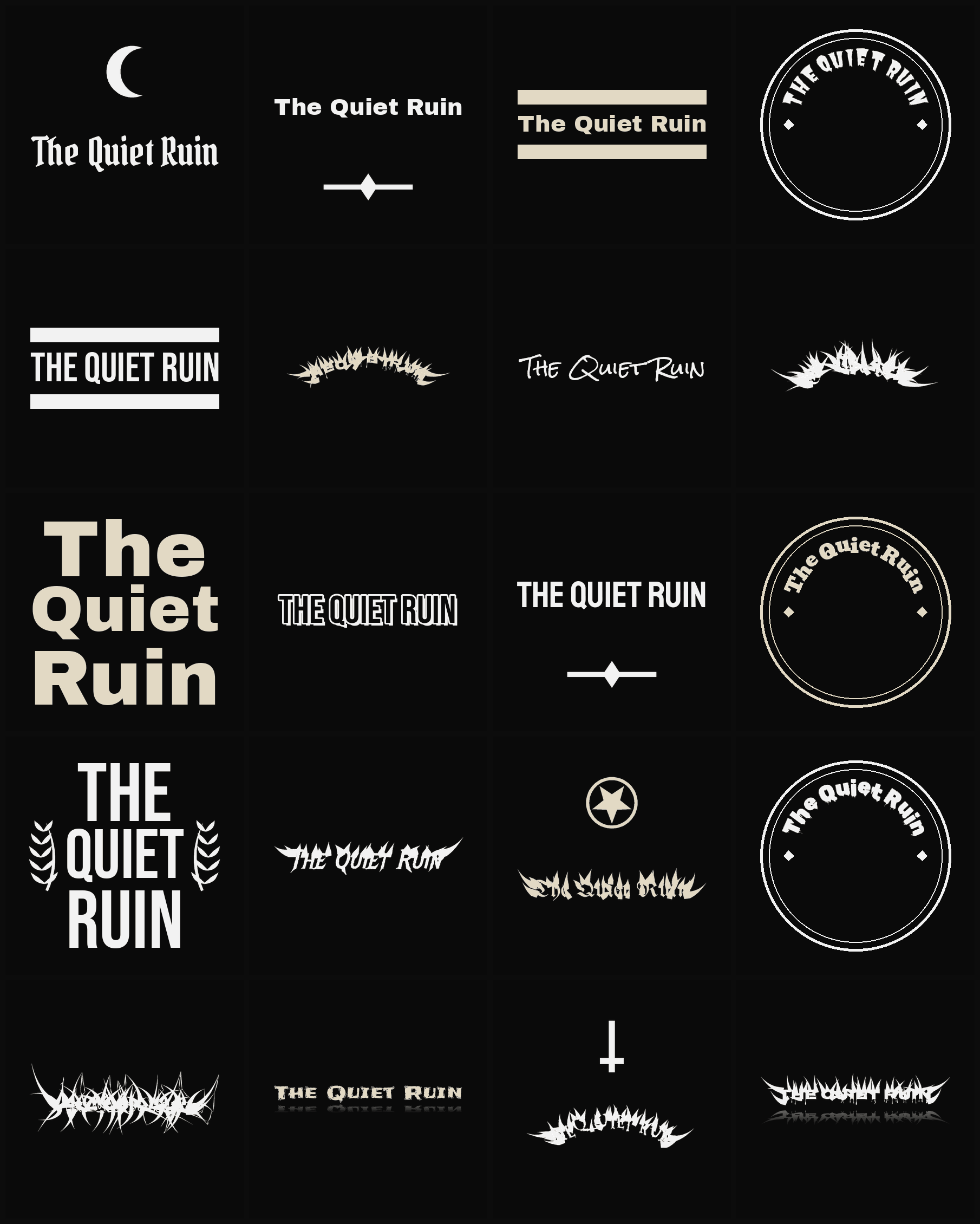 Twenty The Quiet Ruin band logo ideas — different faces, treatments and spike settings