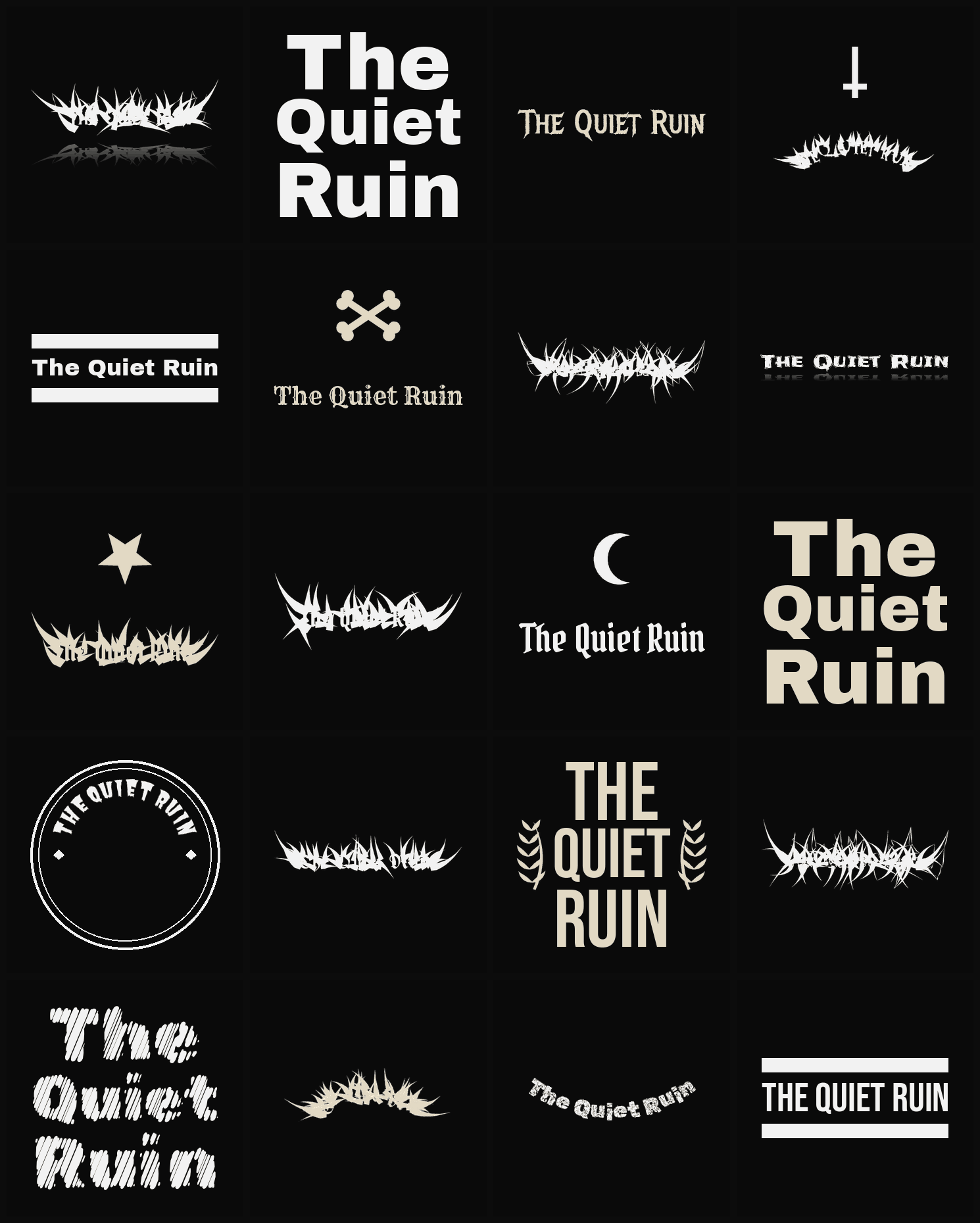 Twenty The Quiet Ruin band logo ideas — different faces, treatments and spike settings