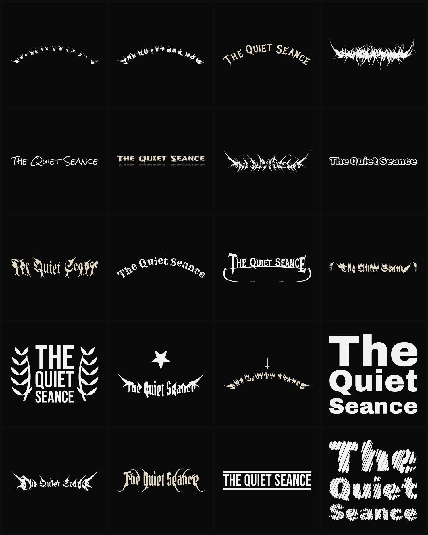Twenty The Quiet Seance band logo ideas — different faces, treatments and spike settings