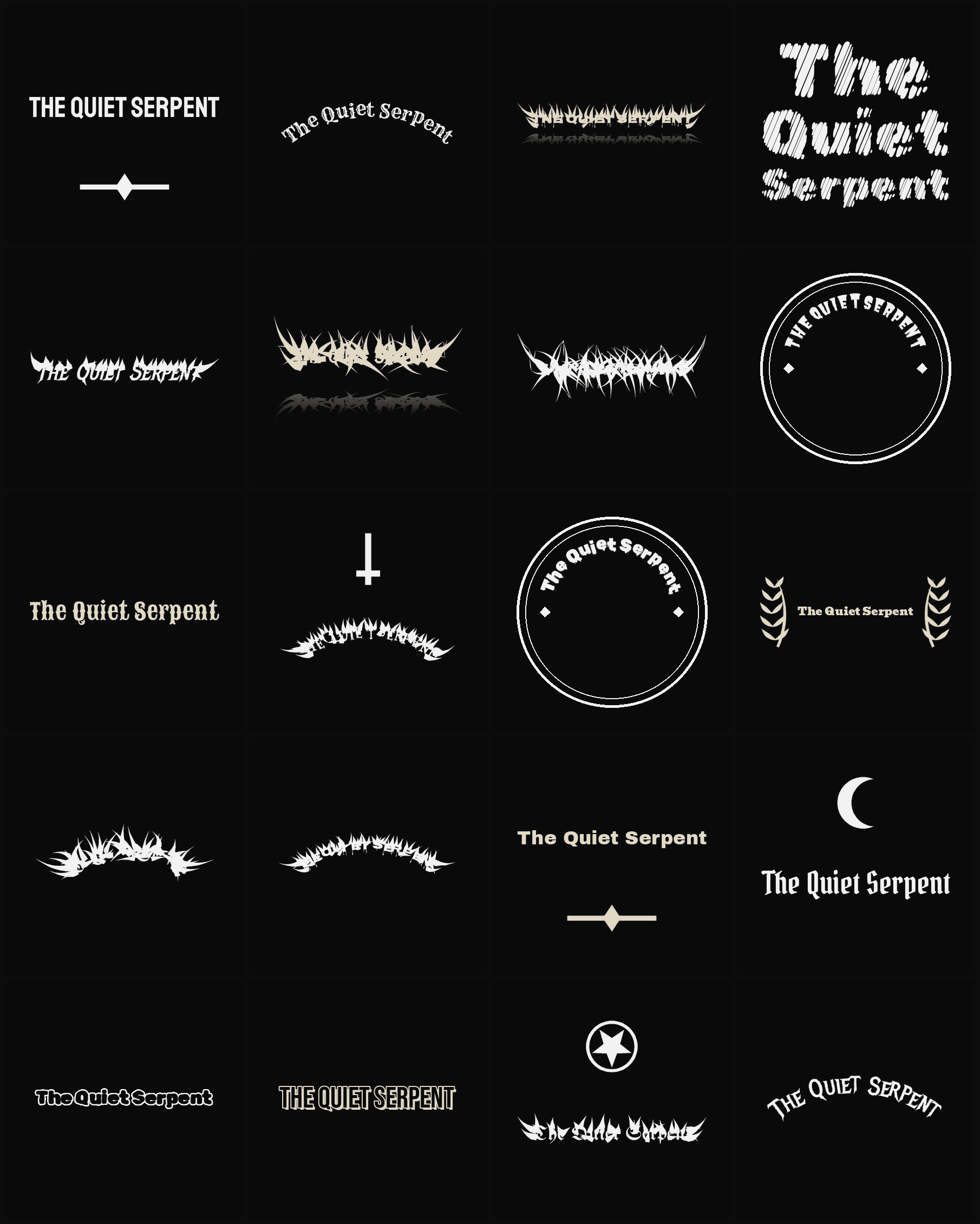 Twenty The Quiet Serpent band logo ideas — different faces, treatments and spike settings