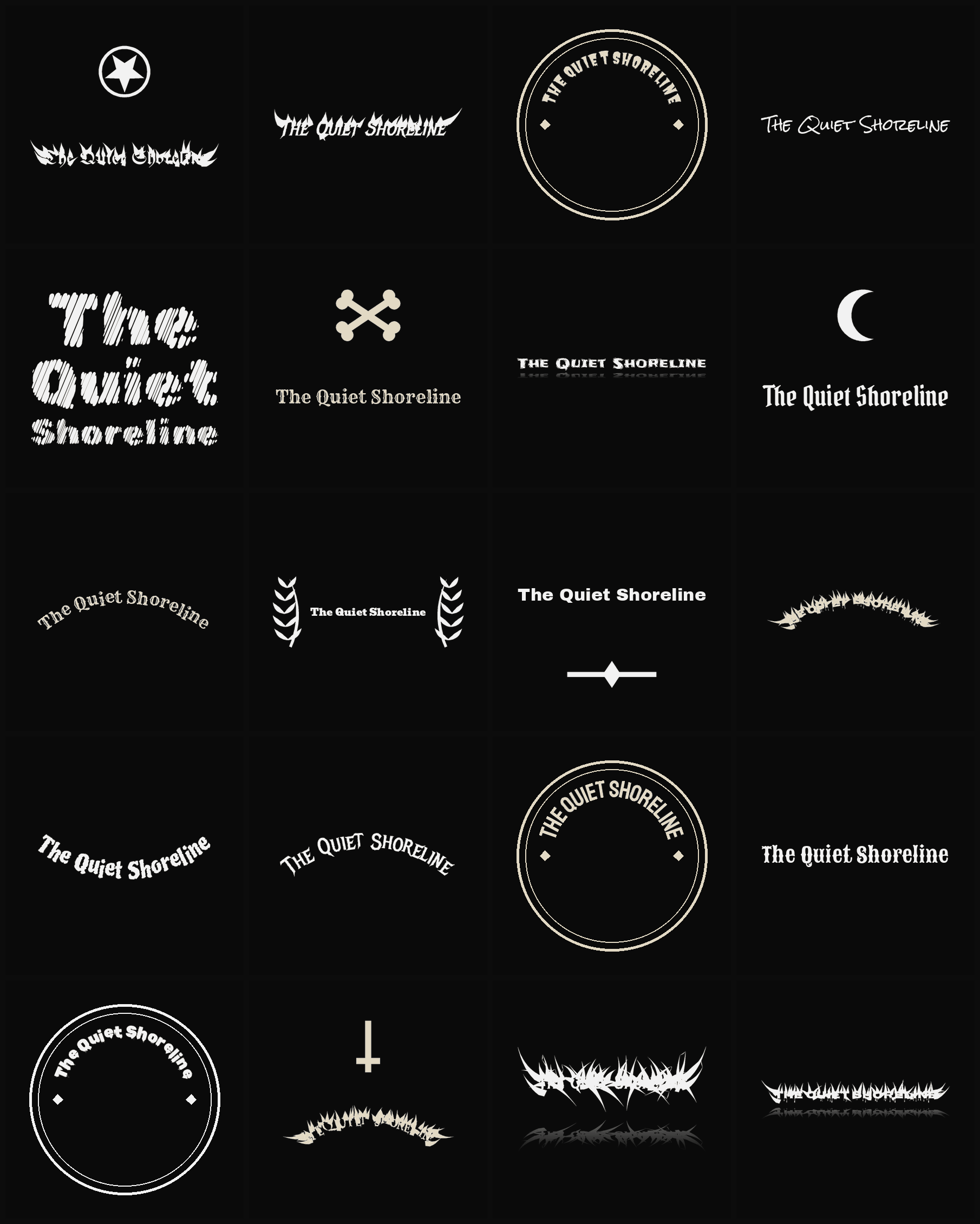 Twenty The Quiet Shoreline band logo ideas — different faces, treatments and spike settings