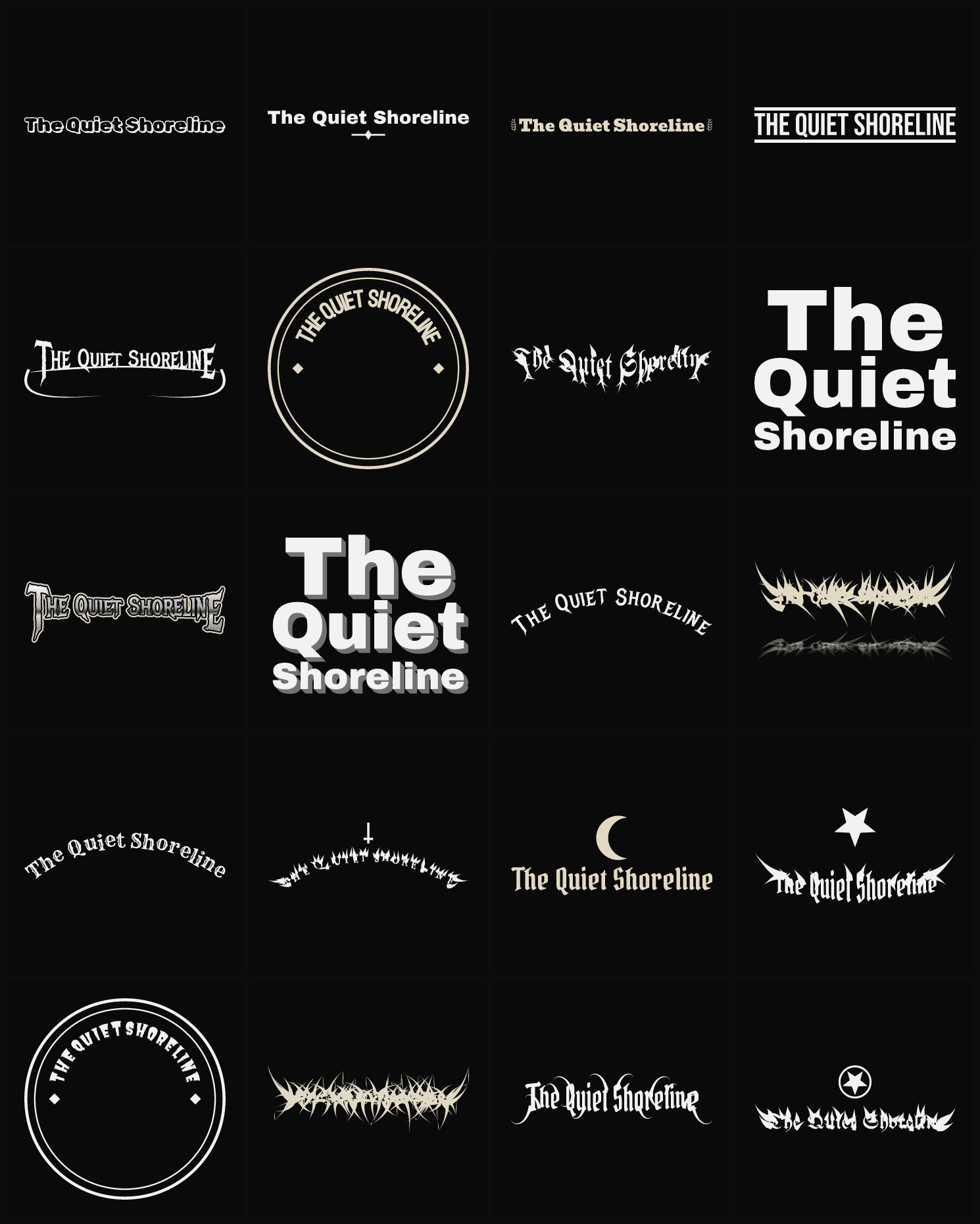 Twenty The Quiet Shoreline band logo ideas — different faces, treatments and spike settings