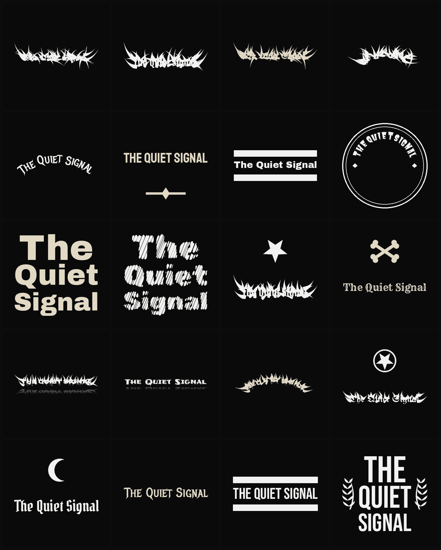 Twenty The Quiet Signal band logo ideas — different faces, treatments and spike settings
