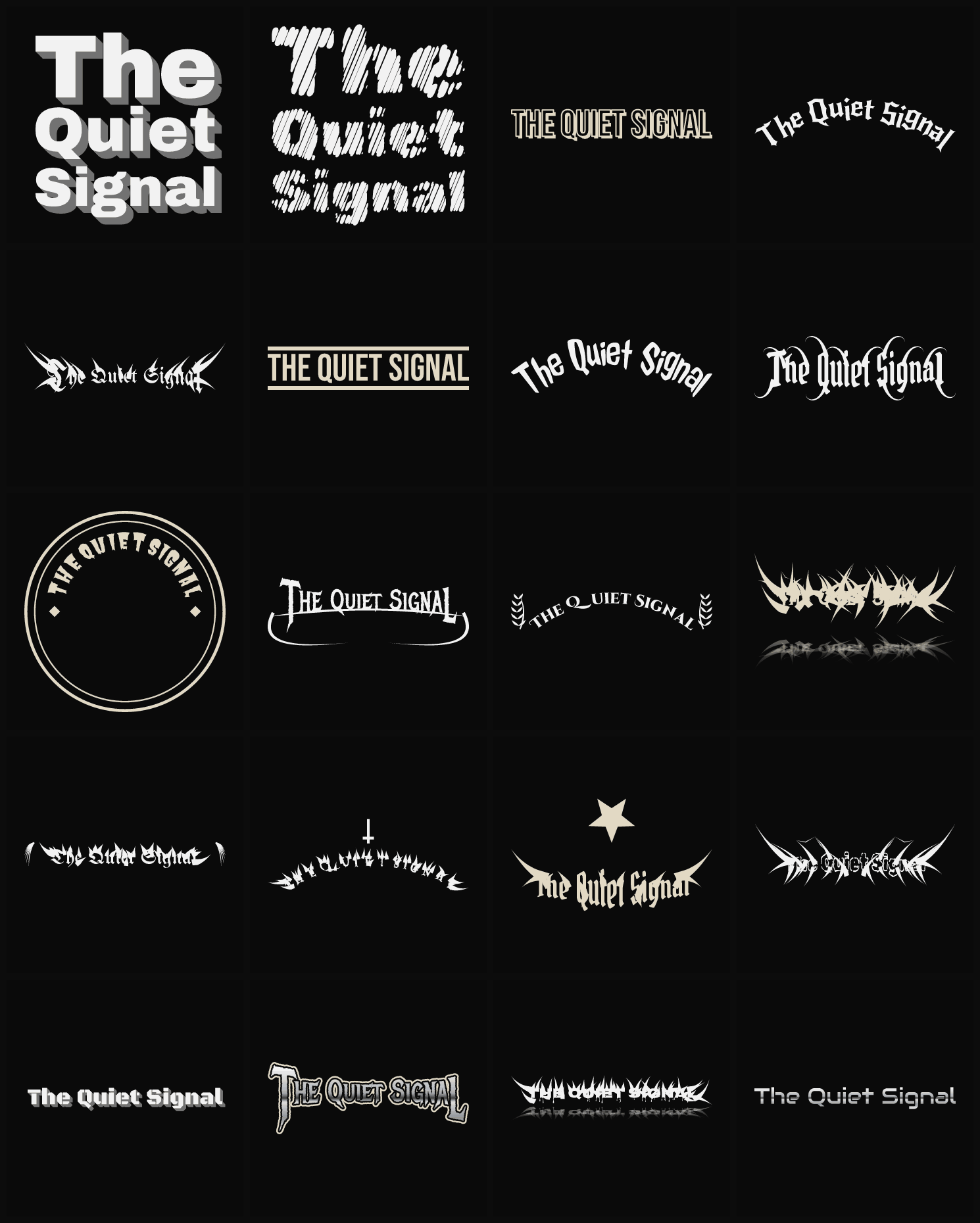 Twenty The Quiet Signal band logo ideas — different faces, treatments and spike settings