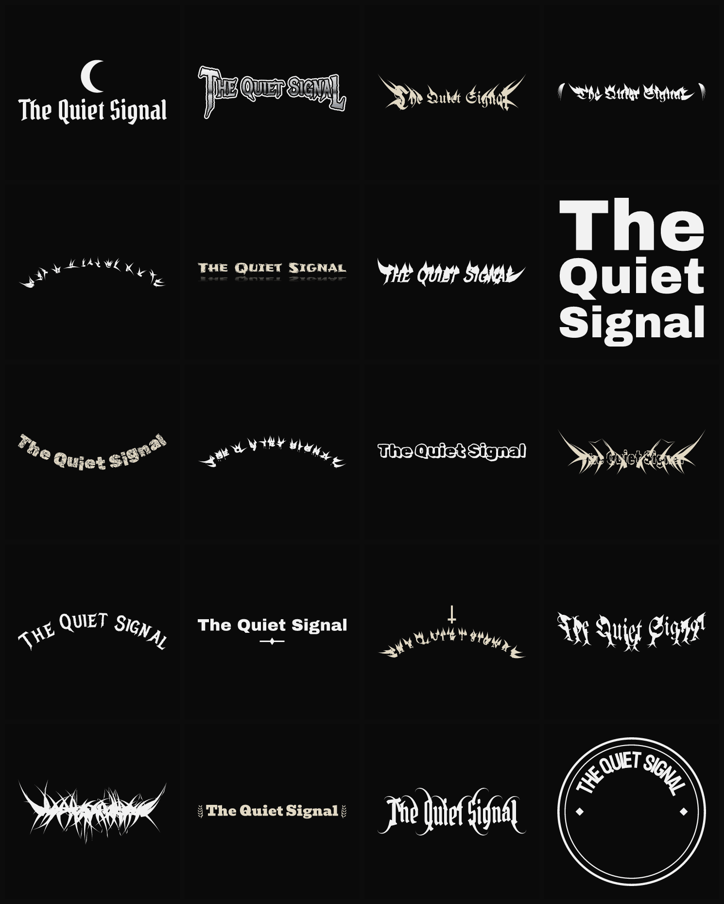 Twenty The Quiet Signal band logo ideas — different faces, treatments and spike settings