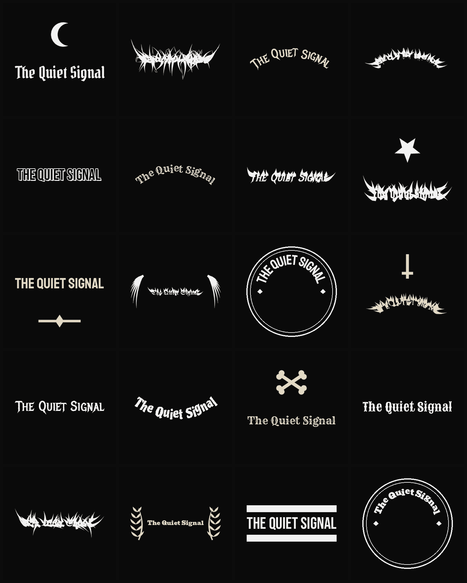 Twenty The Quiet Signal band logo ideas — different faces, treatments and spike settings