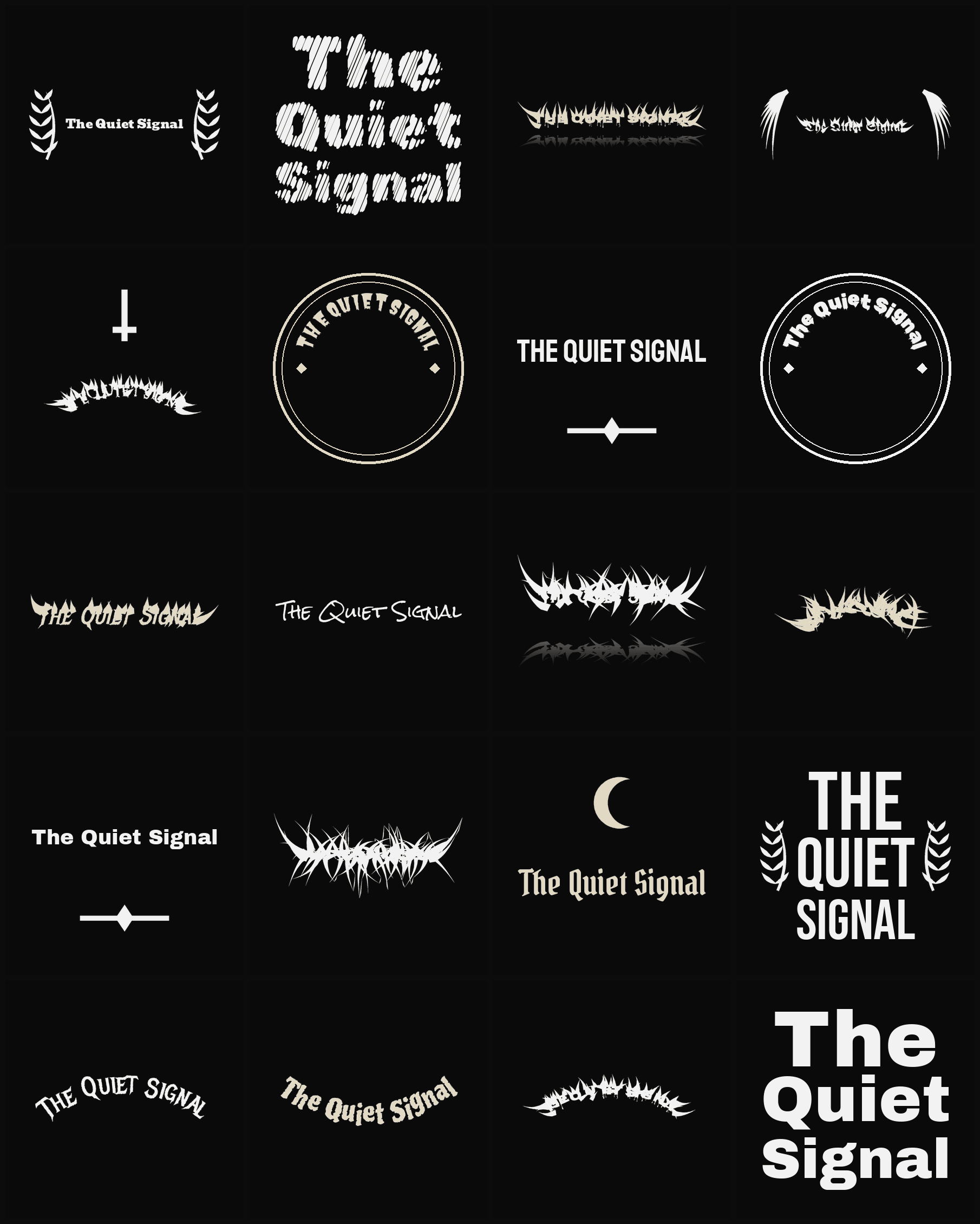 Twenty The Quiet Signal band logo ideas — different faces, treatments and spike settings