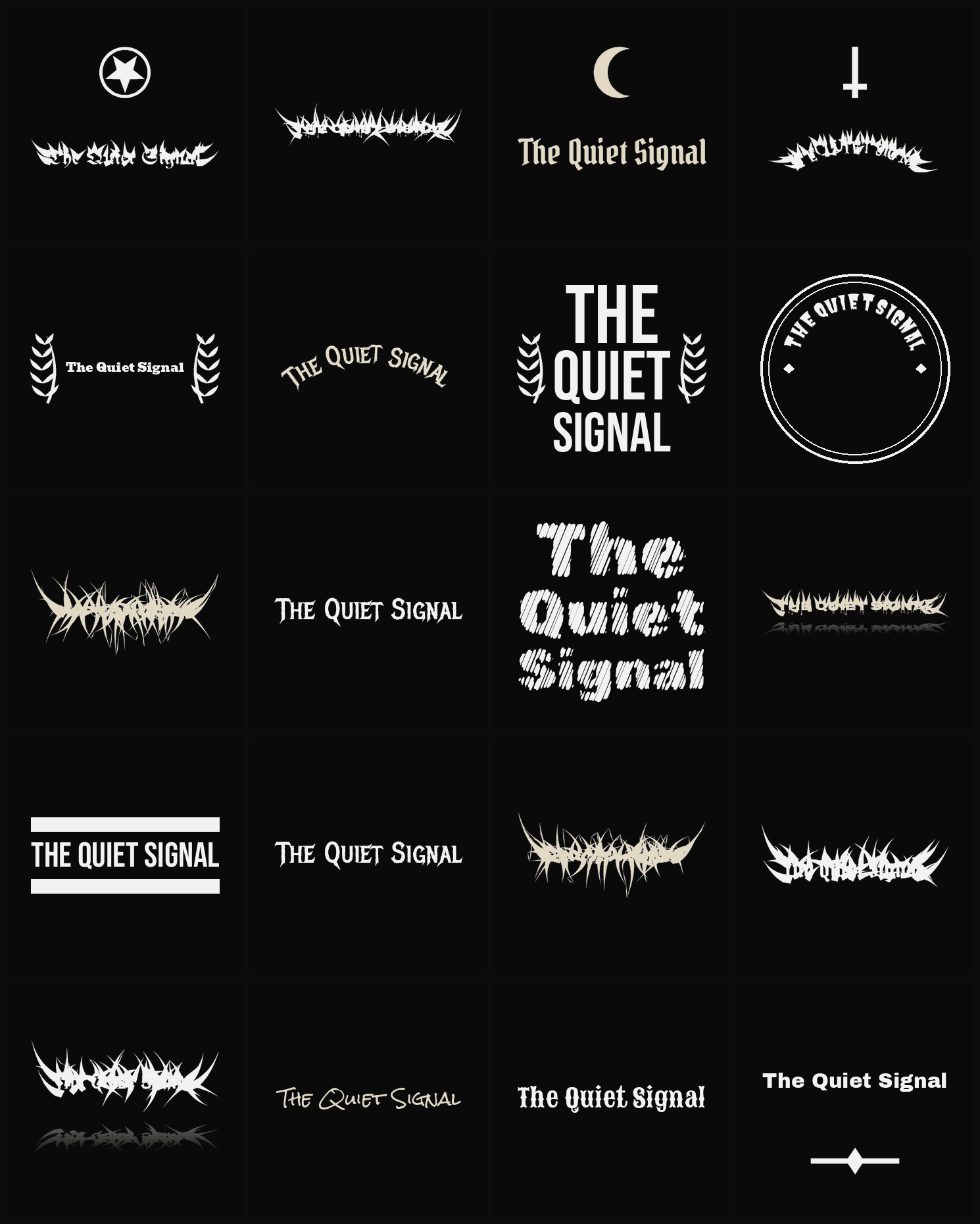 Twenty The Quiet Signal band logo ideas — different faces, treatments and spike settings