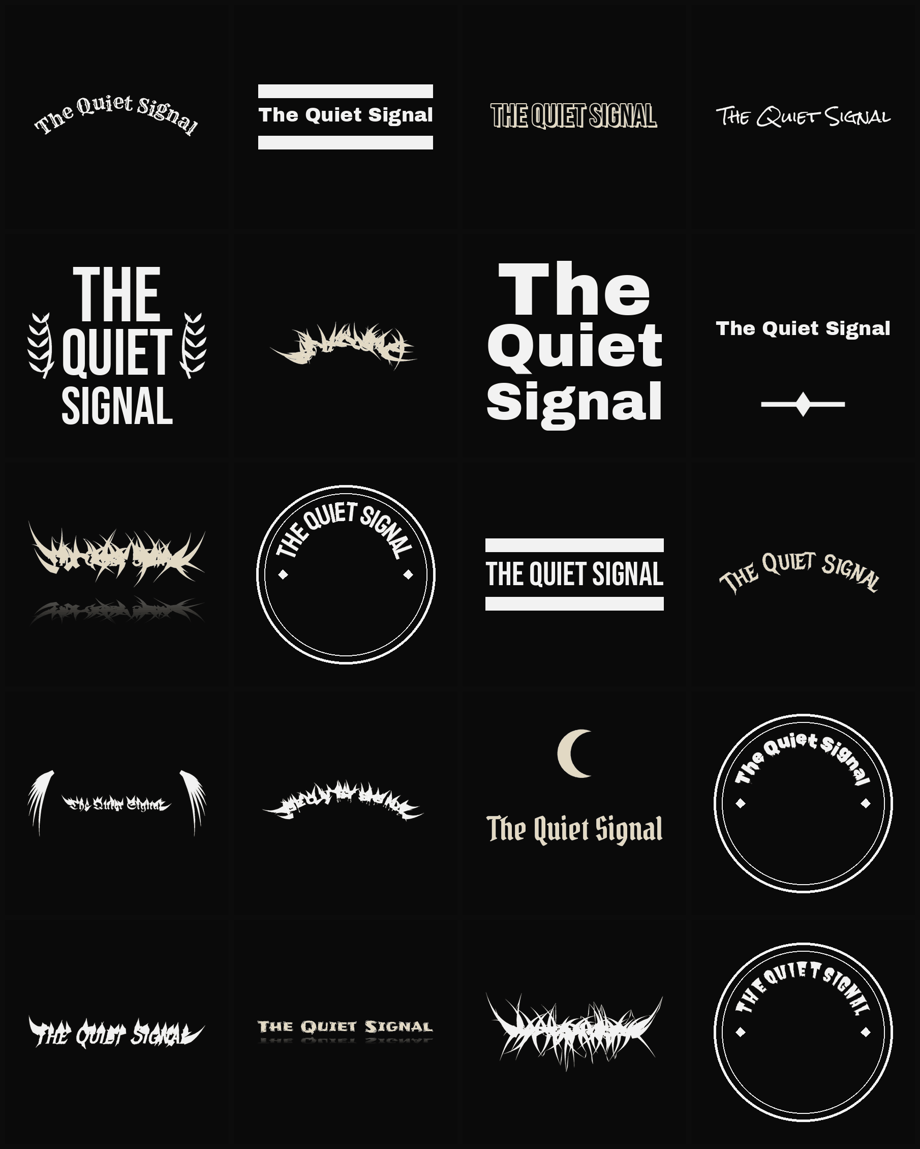 Twenty The Quiet Signal band logo ideas — different faces, treatments and spike settings
