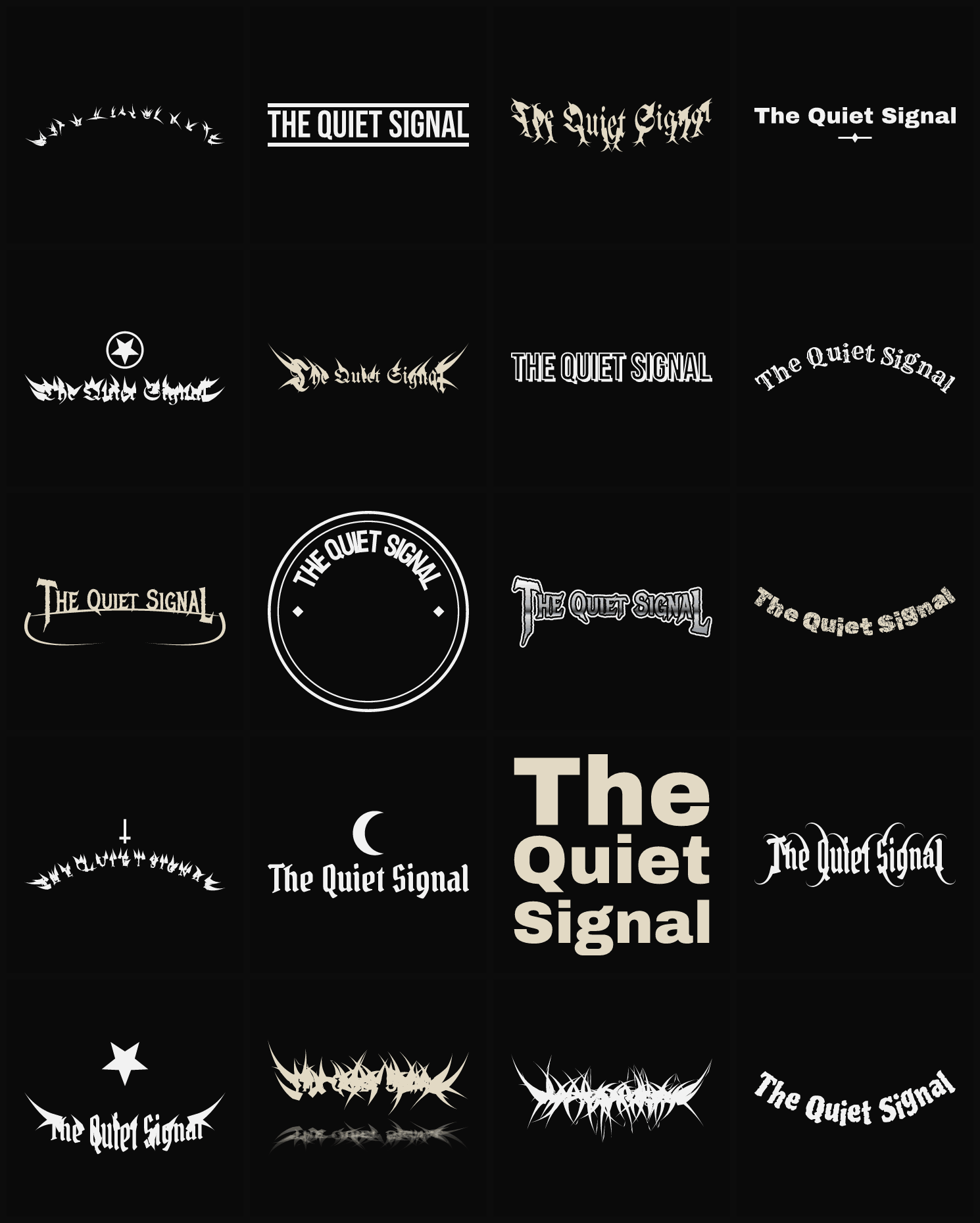 Twenty The Quiet Signal band logo ideas — different faces, treatments and spike settings