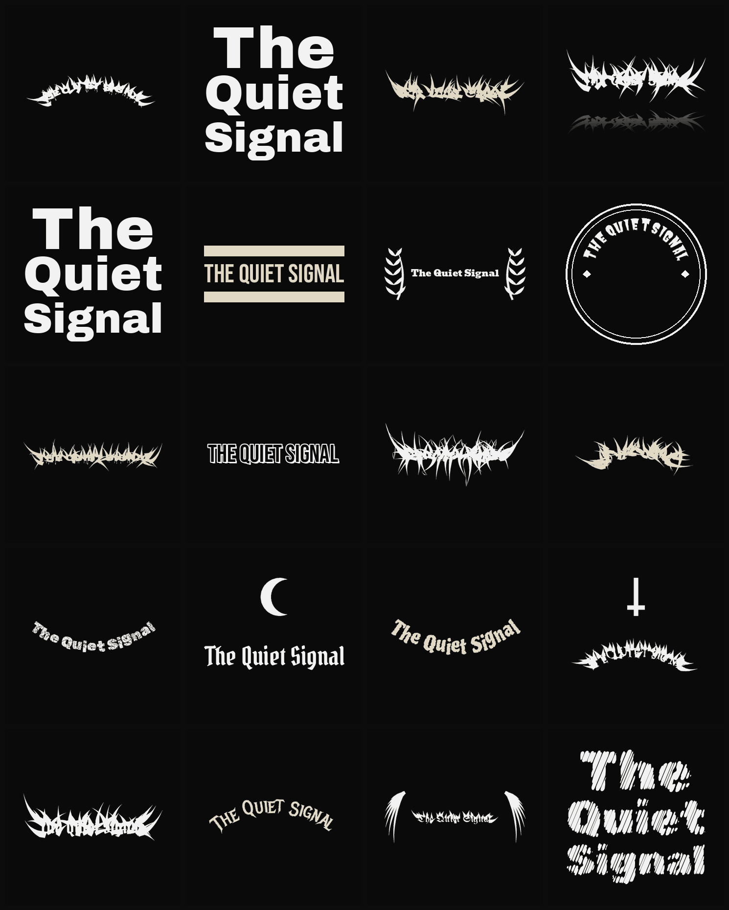 Twenty The Quiet Signal band logo ideas — different faces, treatments and spike settings