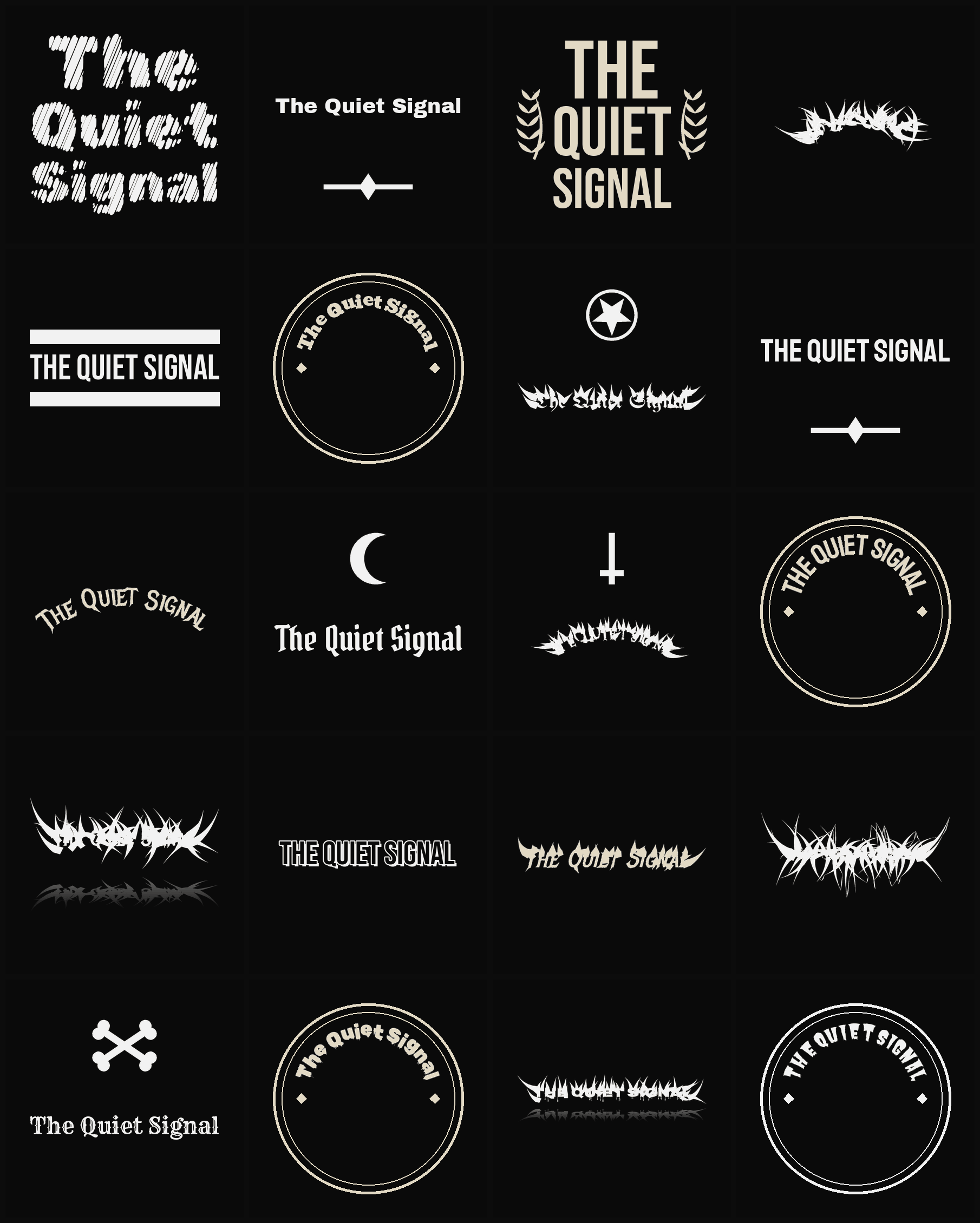 Twenty The Quiet Signal band logo ideas — different faces, treatments and spike settings