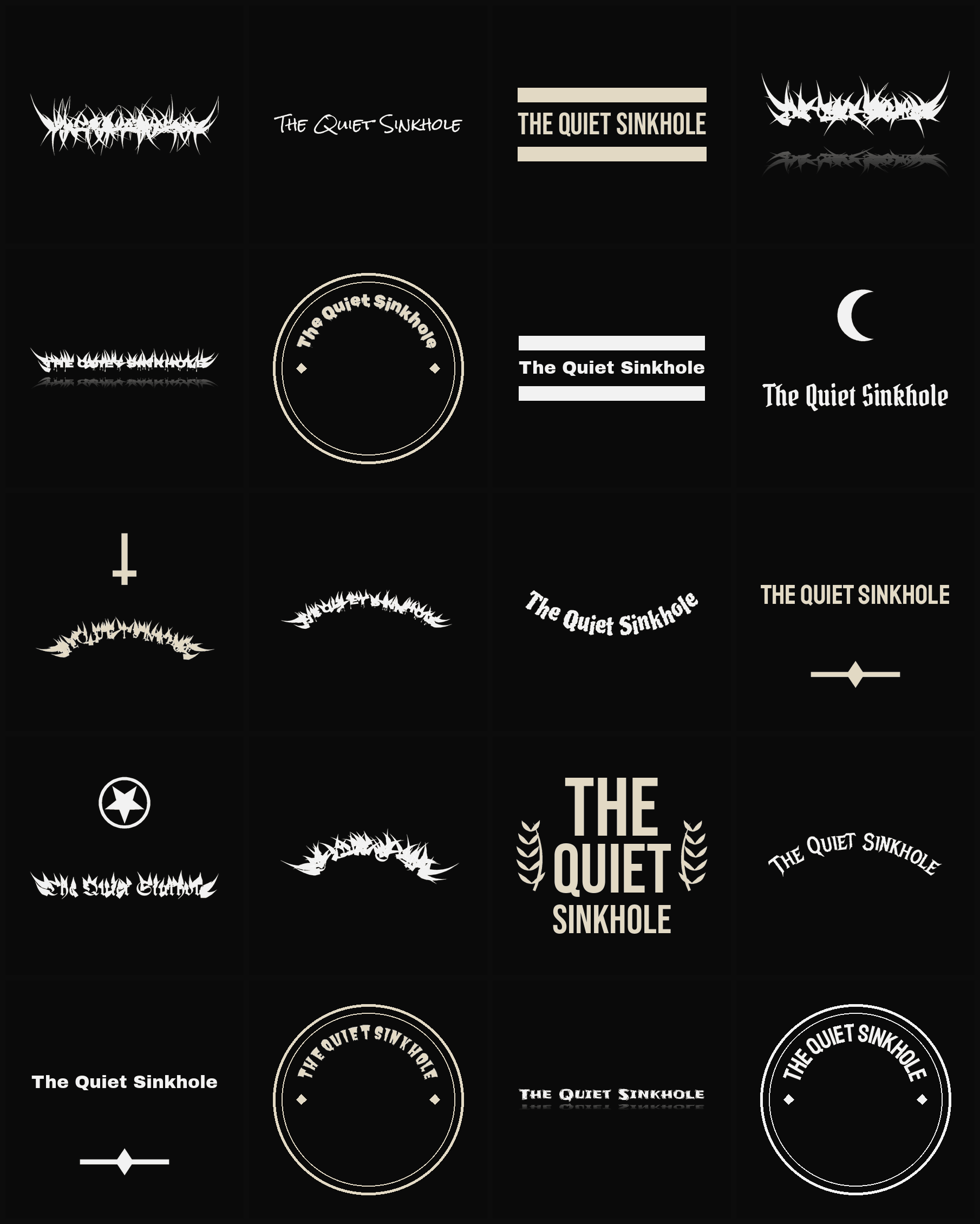 Twenty The Quiet Sinkhole band logo ideas — different faces, treatments and spike settings