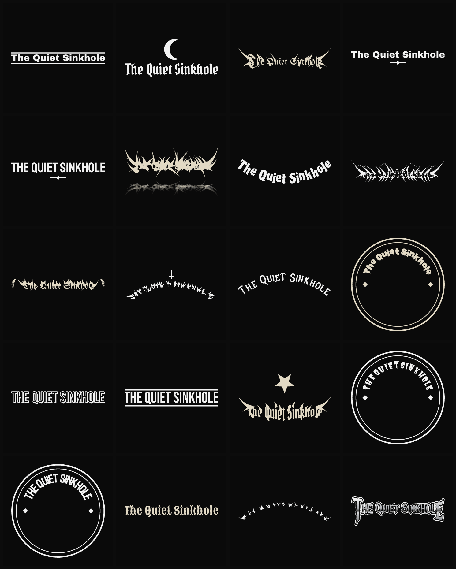 Twenty The Quiet Sinkhole band logo ideas — different faces, treatments and spike settings