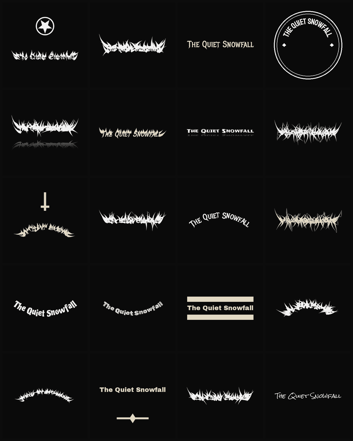 Twenty The Quiet Snowfall band logo ideas — different faces, treatments and spike settings