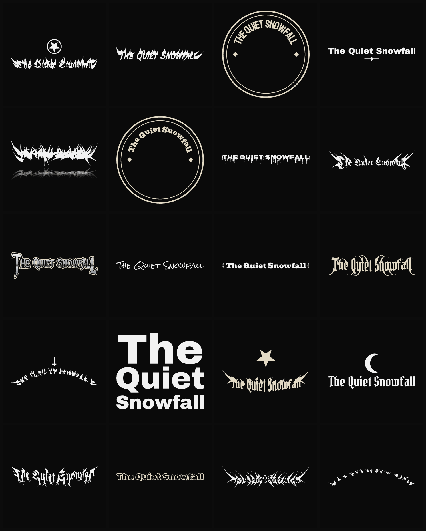 Twenty The Quiet Snowfall band logo ideas — different faces, treatments and spike settings