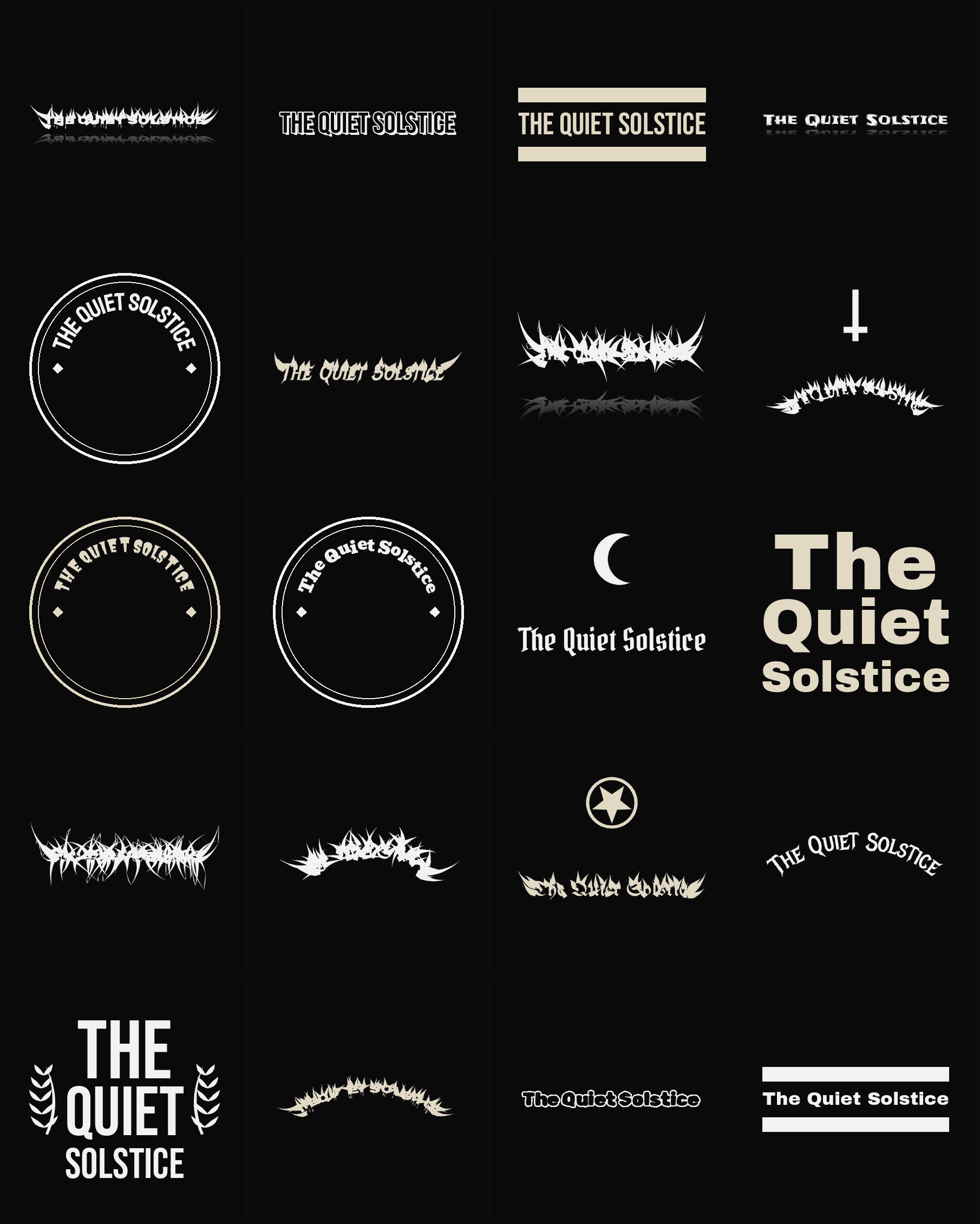 Twenty The Quiet Solstice band logo ideas — different faces, treatments and spike settings