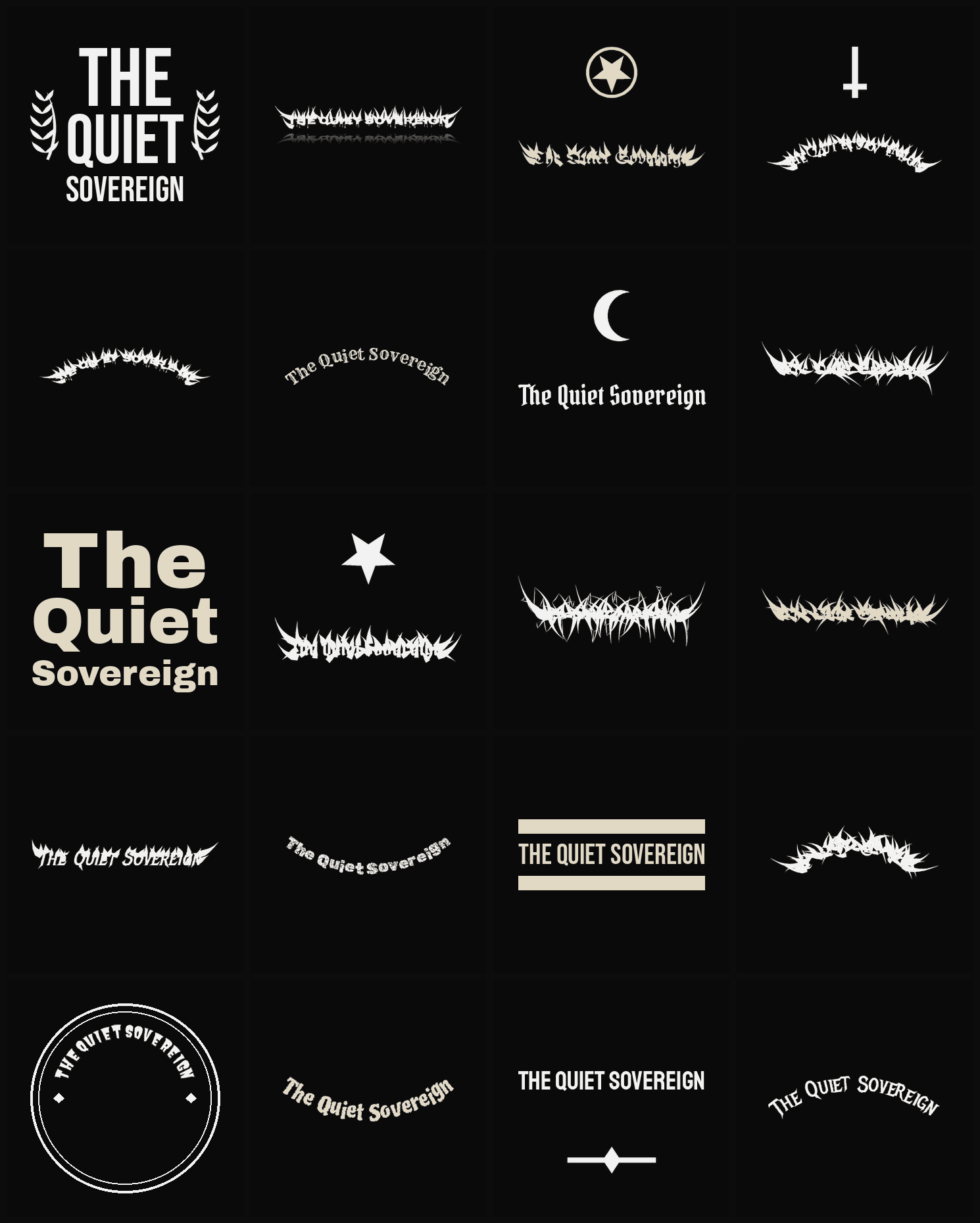 Twenty The Quiet Sovereign band logo ideas — different faces, treatments and spike settings