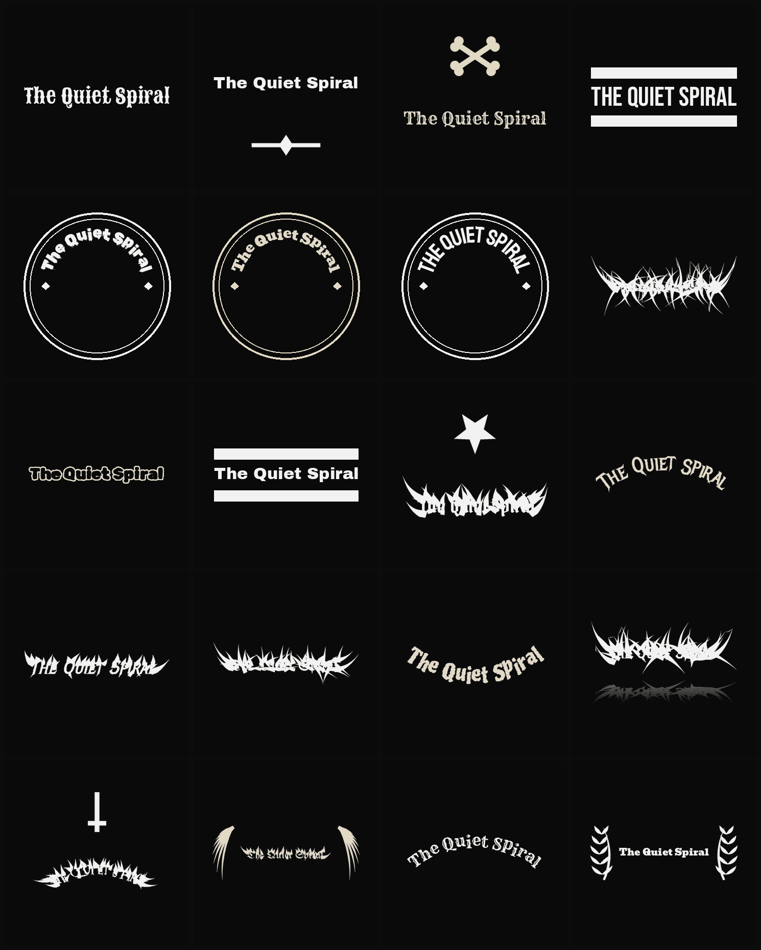 Twenty The Quiet Spiral band logo ideas — different faces, treatments and spike settings