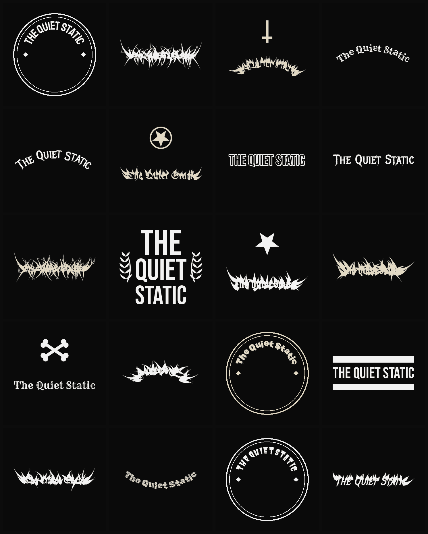 Twenty The Quiet Static band logo ideas — different faces, treatments and spike settings