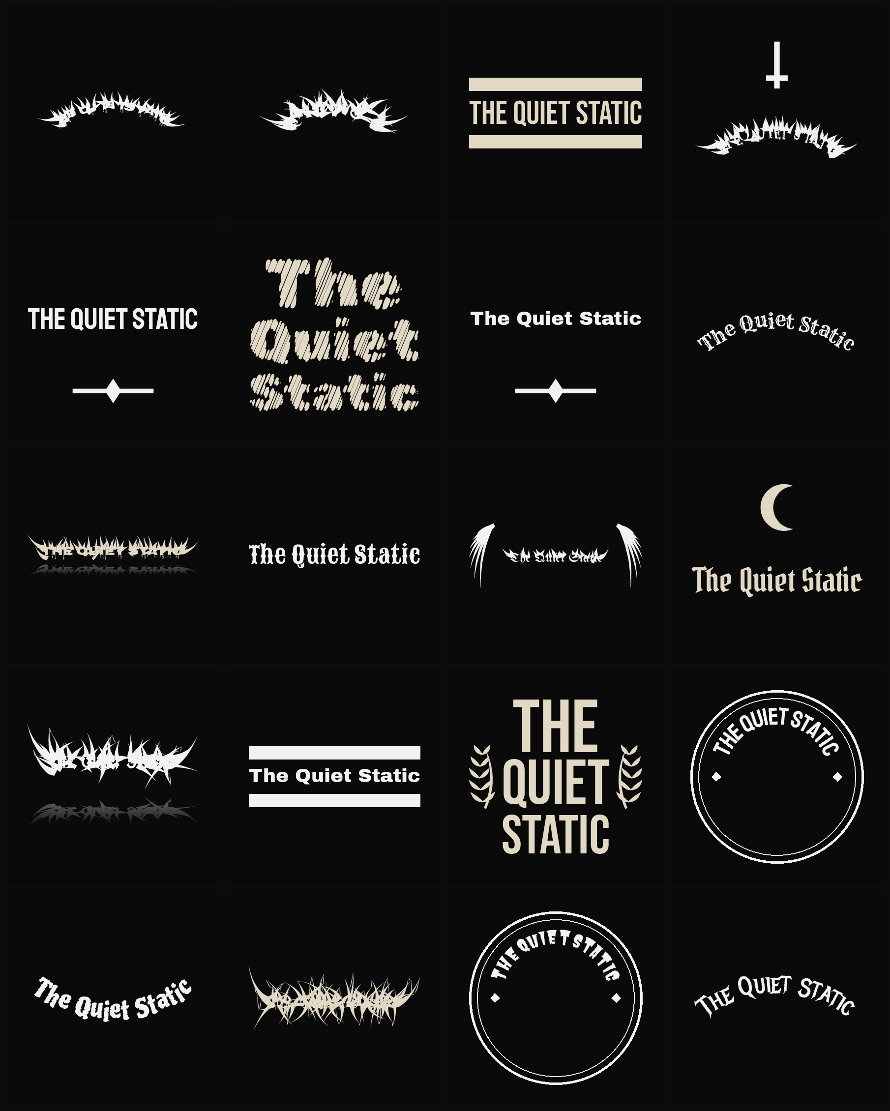 Twenty The Quiet Static band logo ideas — different faces, treatments and spike settings