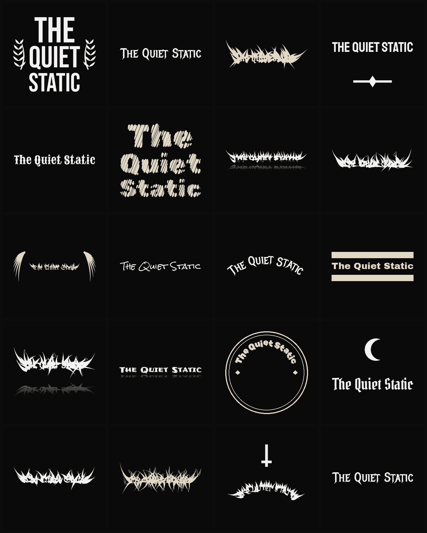 Twenty The Quiet Static band logo ideas — different faces, treatments and spike settings