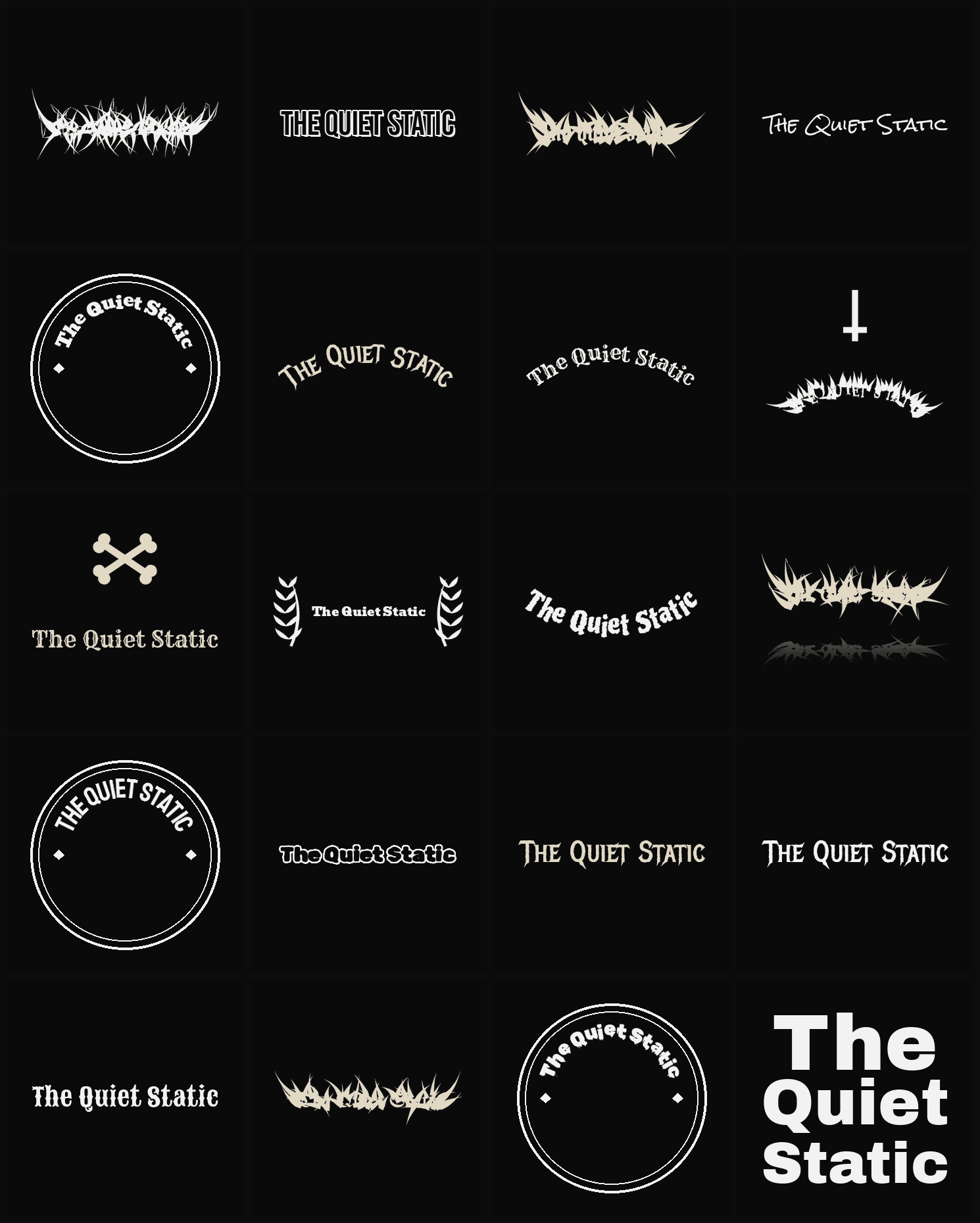 Twenty The Quiet Static band logo ideas — different faces, treatments and spike settings