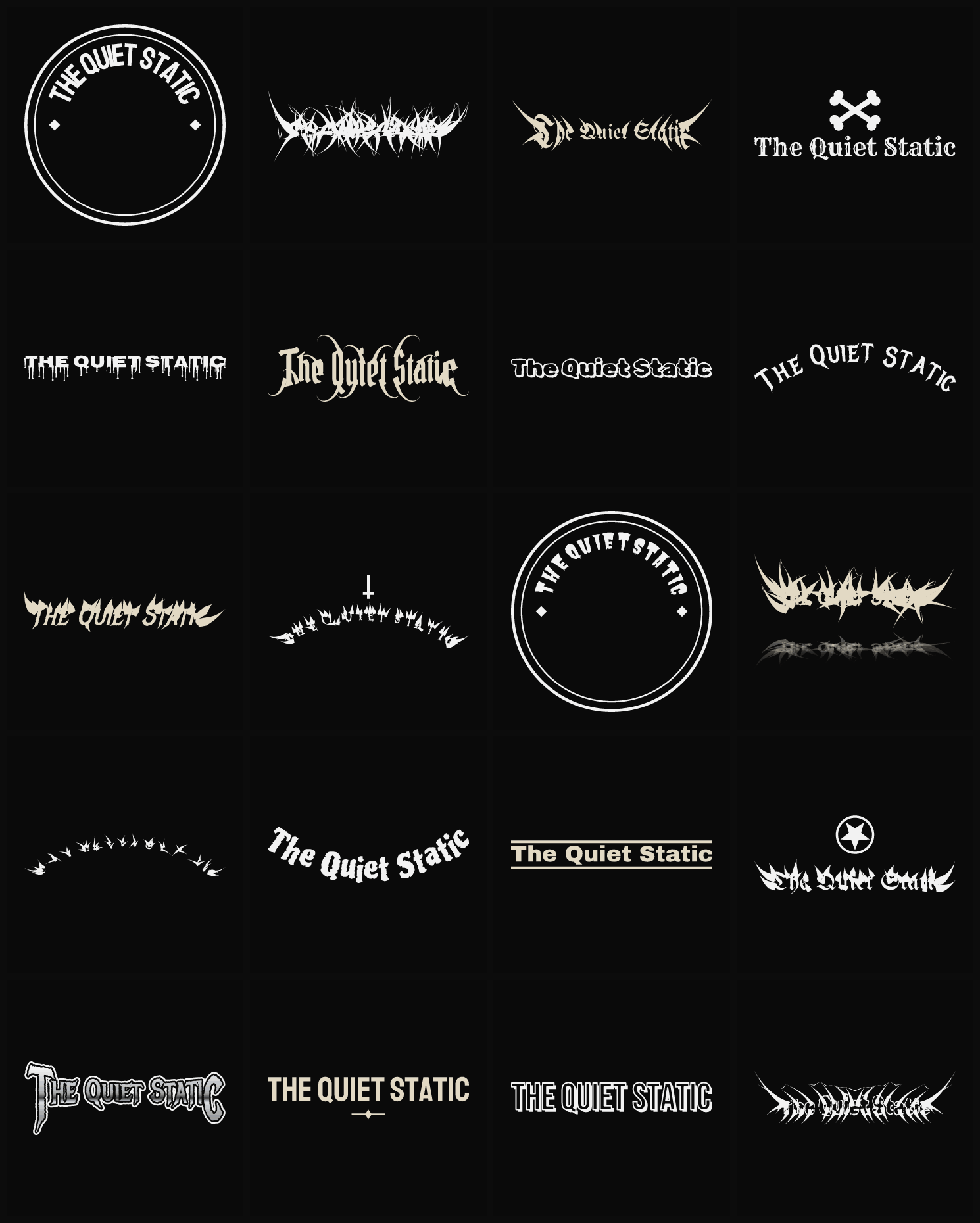 Twenty The Quiet Static band logo ideas — different faces, treatments and spike settings