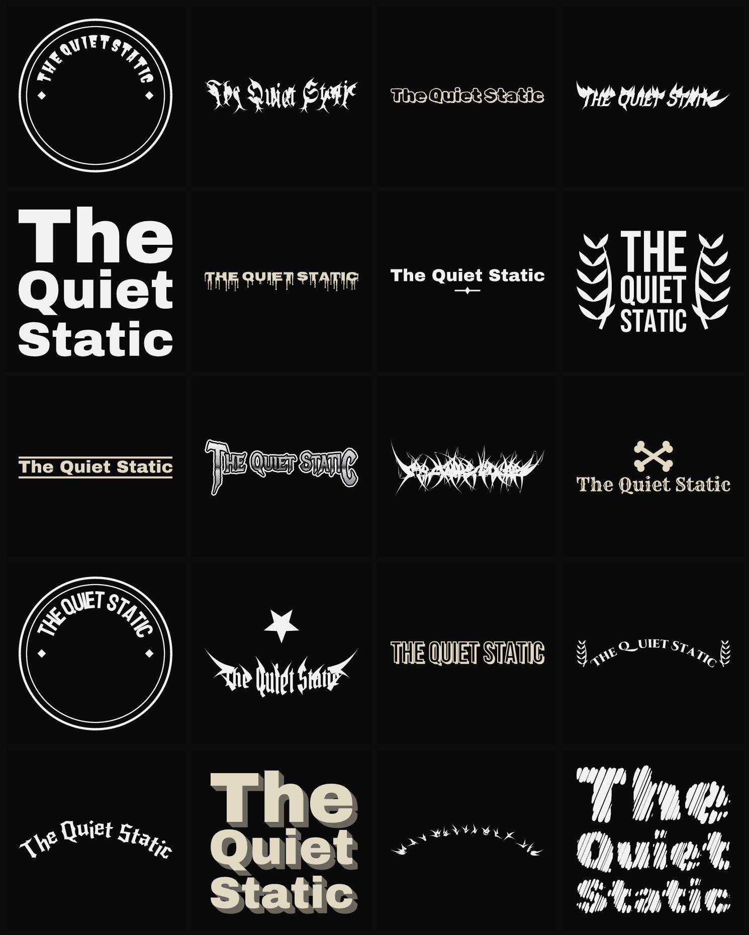 Twenty The Quiet Static band logo ideas — different faces, treatments and spike settings