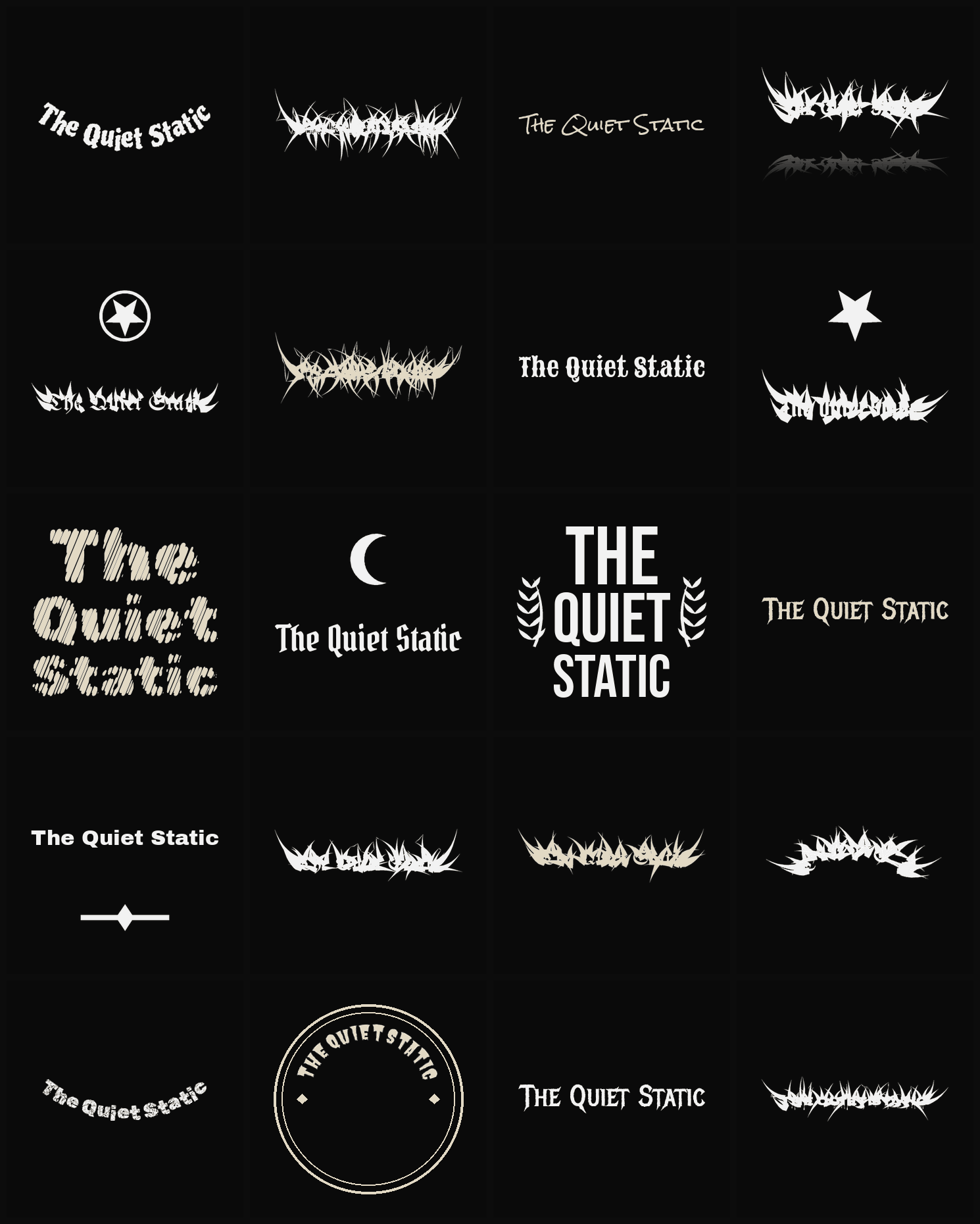 Twenty The Quiet Static band logo ideas — different faces, treatments and spike settings