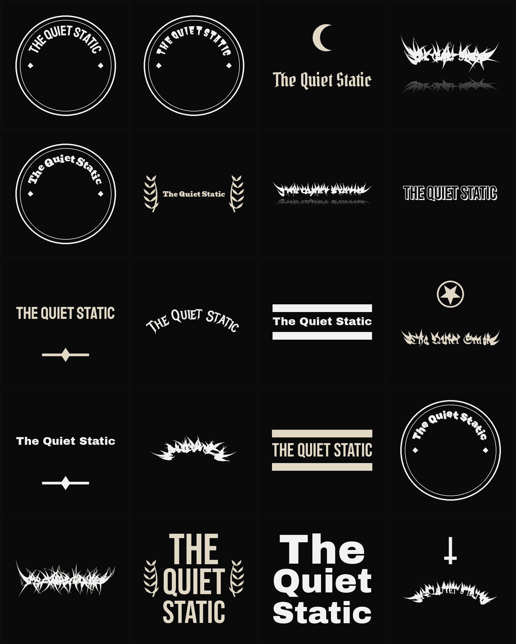 Twenty The Quiet Static band logo ideas — different faces, treatments and spike settings