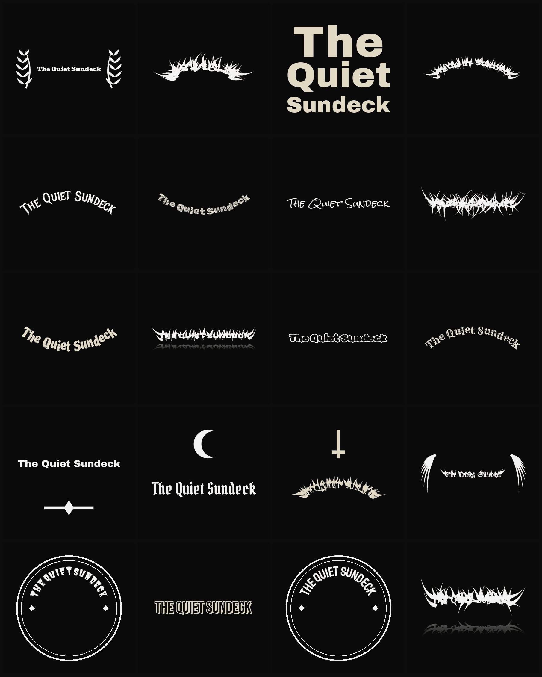 Twenty The Quiet Sundeck band logo ideas — different faces, treatments and spike settings