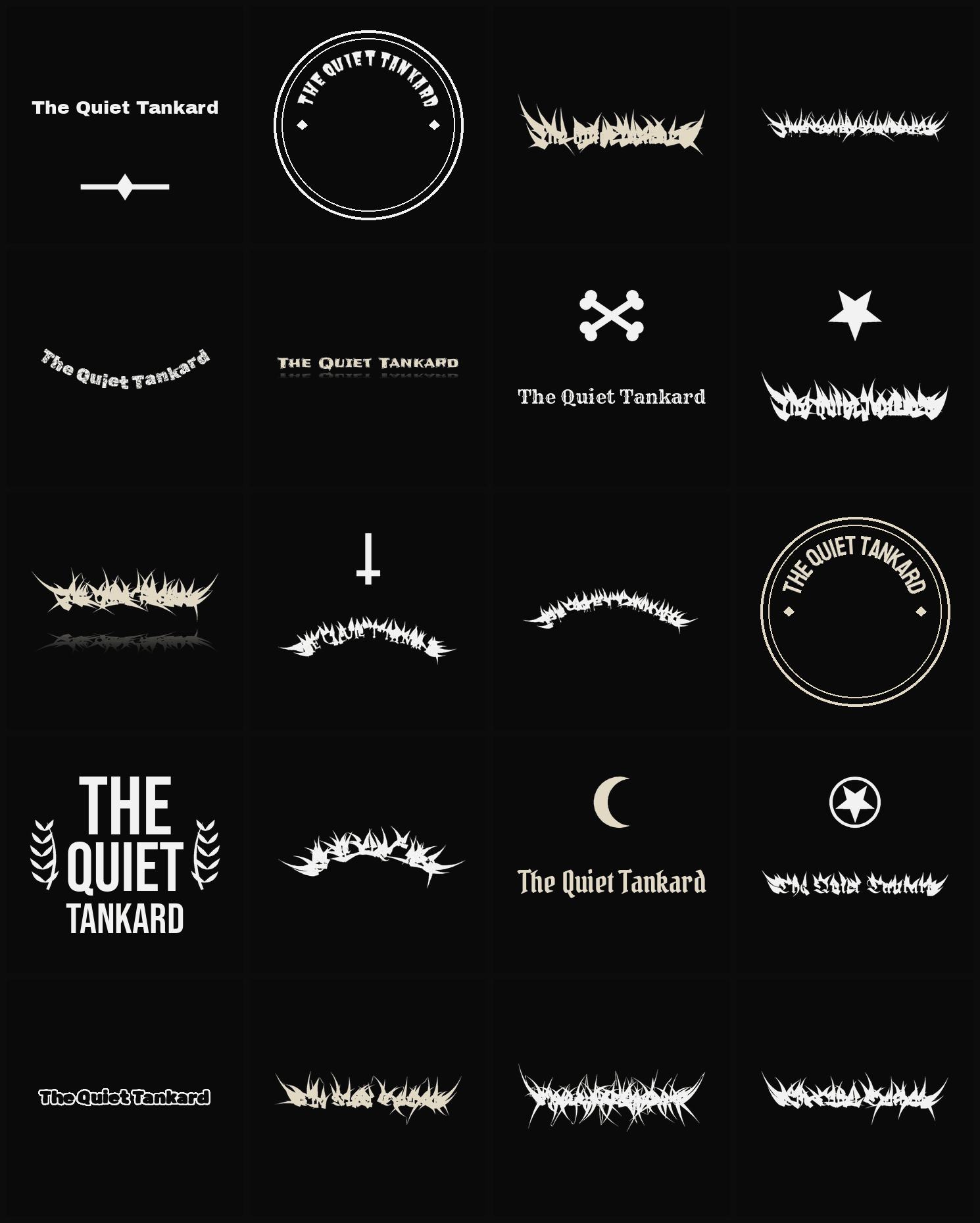 Twenty The Quiet Tankard band logo ideas — different faces, treatments and spike settings