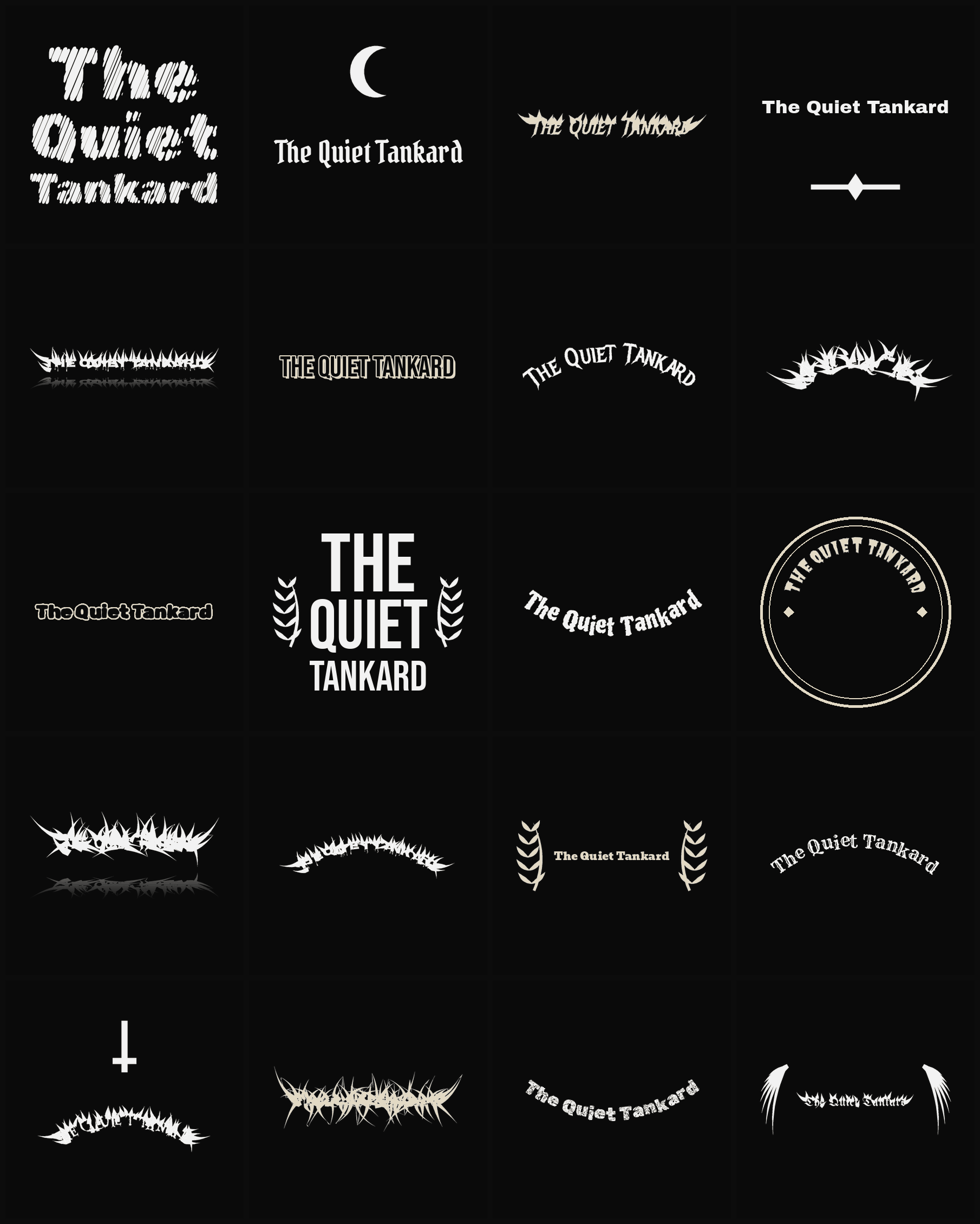 Twenty The Quiet Tankard band logo ideas — different faces, treatments and spike settings