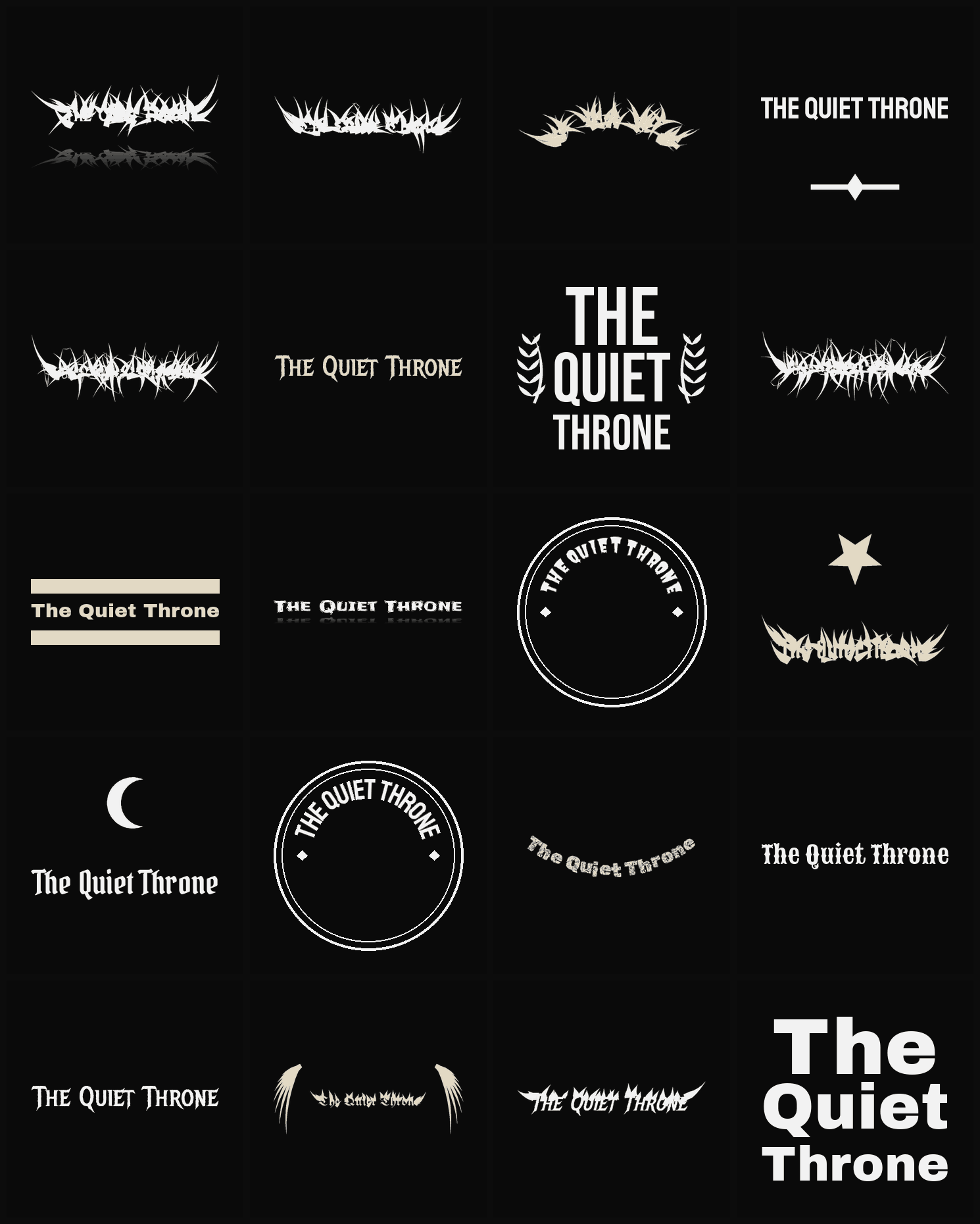 Twenty The Quiet Throne band logo ideas — different faces, treatments and spike settings