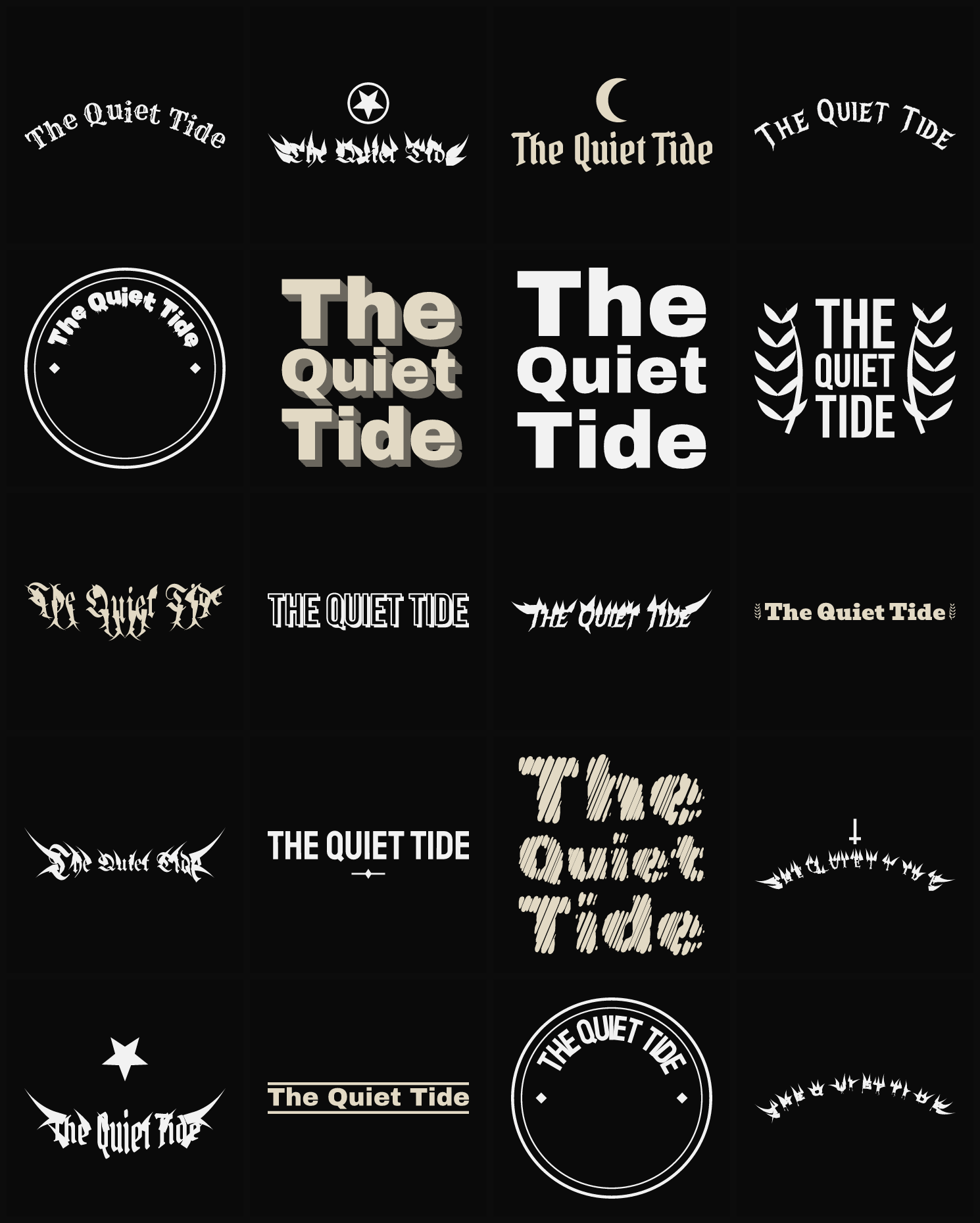 Twenty The Quiet Tide band logo ideas — different faces, treatments and spike settings