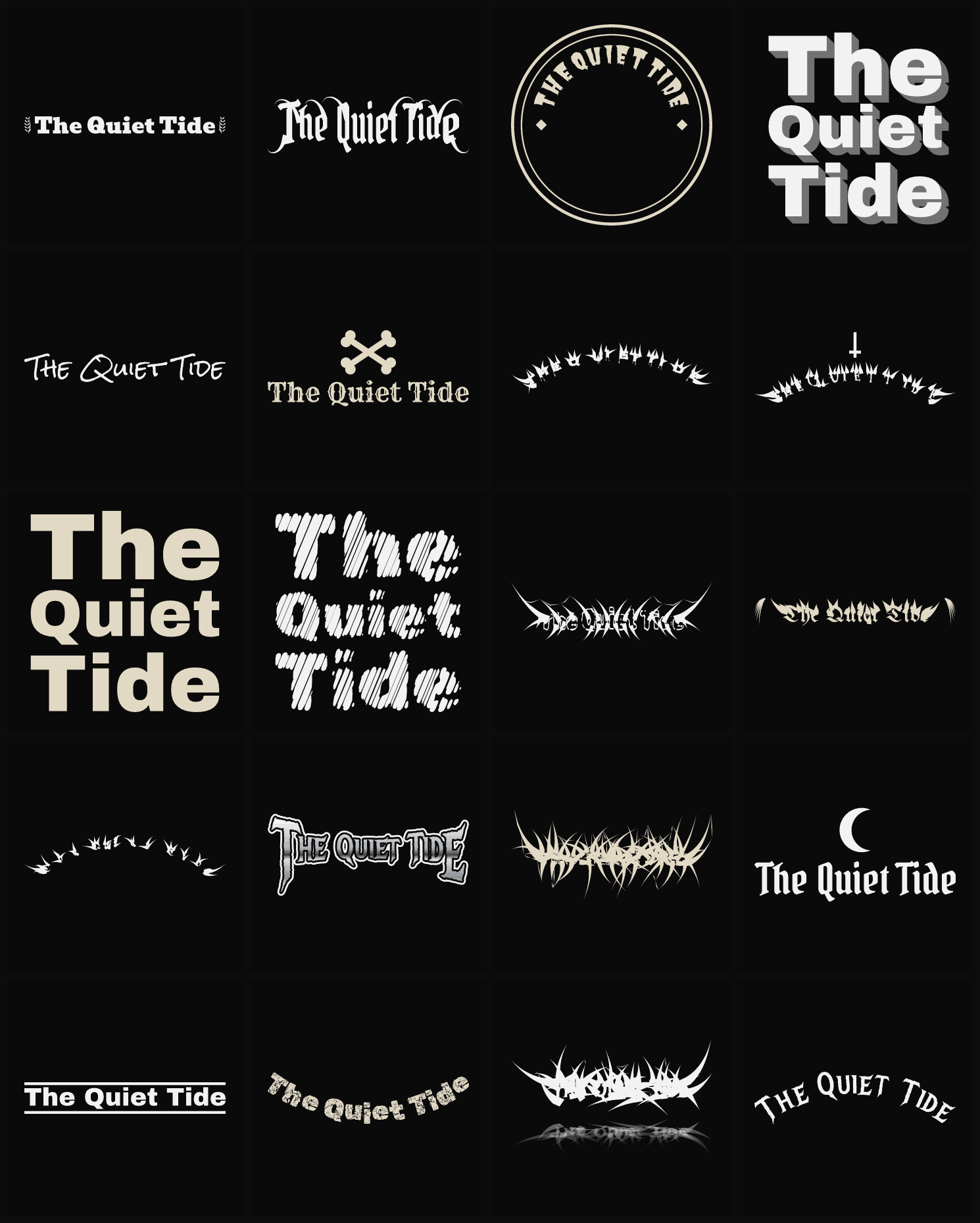 Twenty The Quiet Tide band logo ideas — different faces, treatments and spike settings